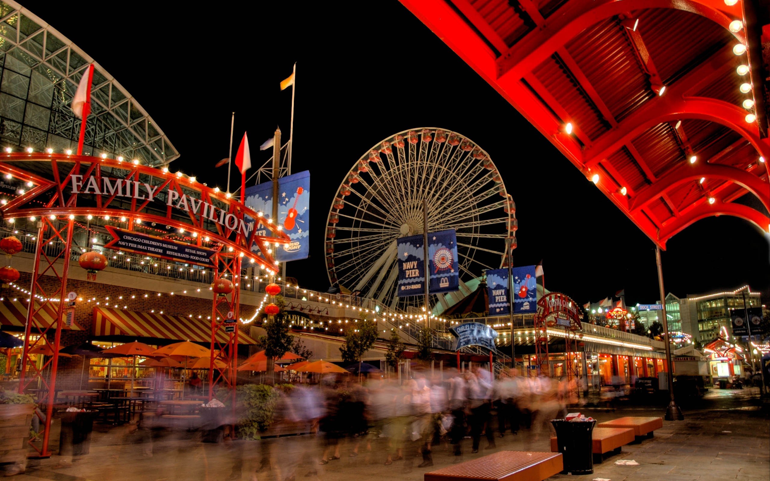 Navy Pier, Chicago, Ruota panoramica, Luna park, Notte, 16:10 2K, wallpaper widescreen