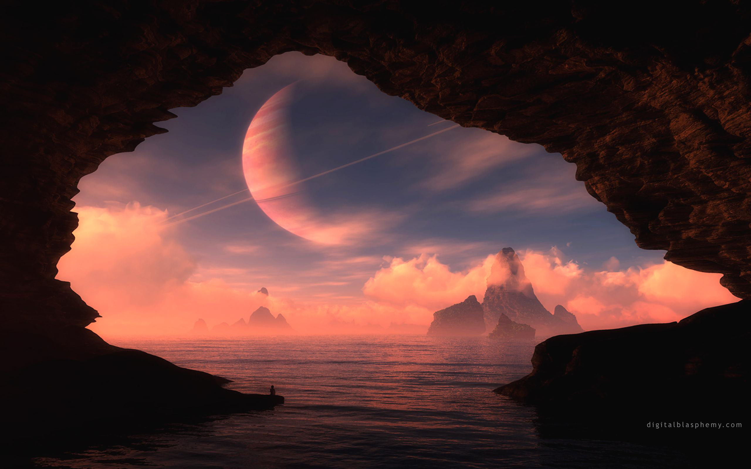 Pianeta, Grotta, Mare, Cielo rosa, 2K, sfondo per PC