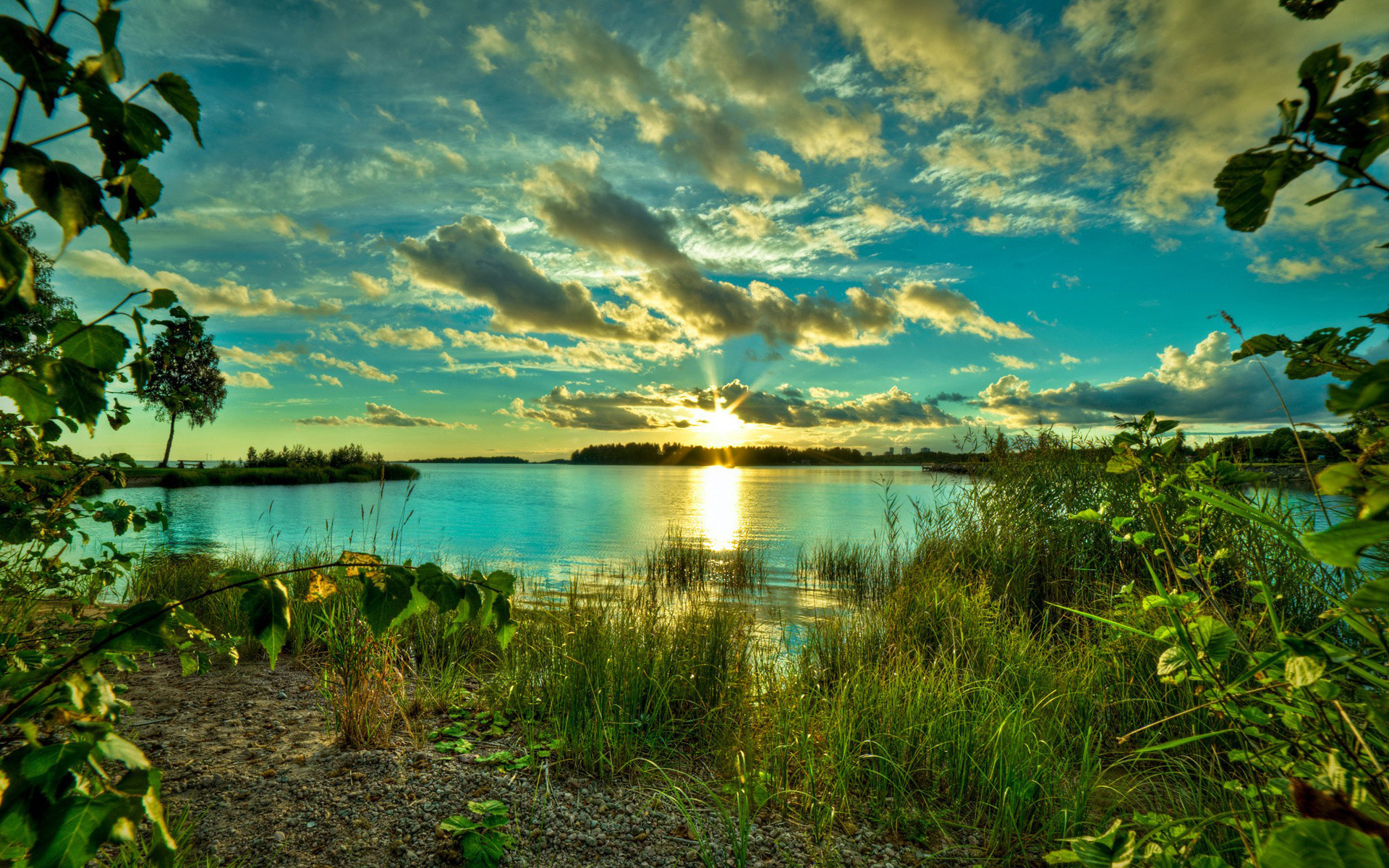 Lago, Tramonto, Vegetazione, HDR, Full HD, wallpaper per desktop