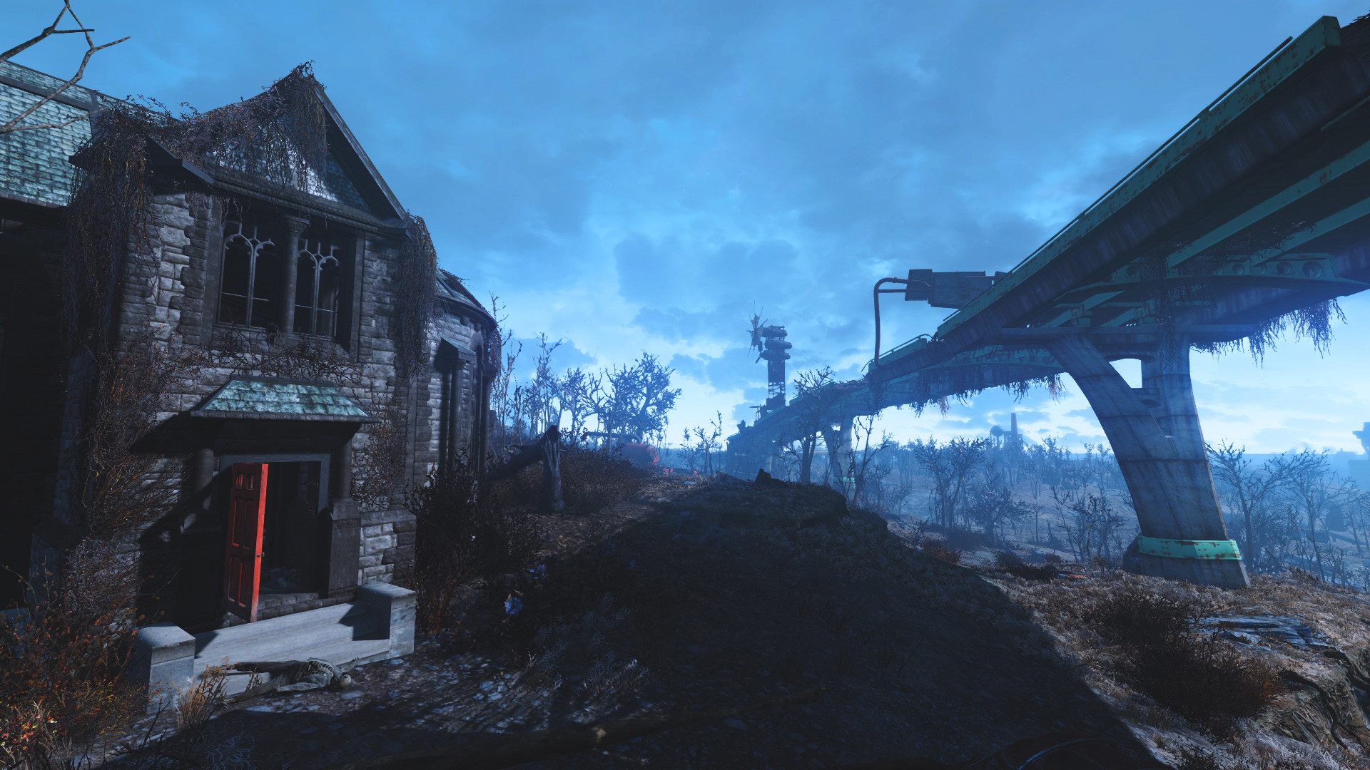 Fallout 4, Commonwealth, Rovine, Ponte, Notte, Full HD, sfondo Windows 11