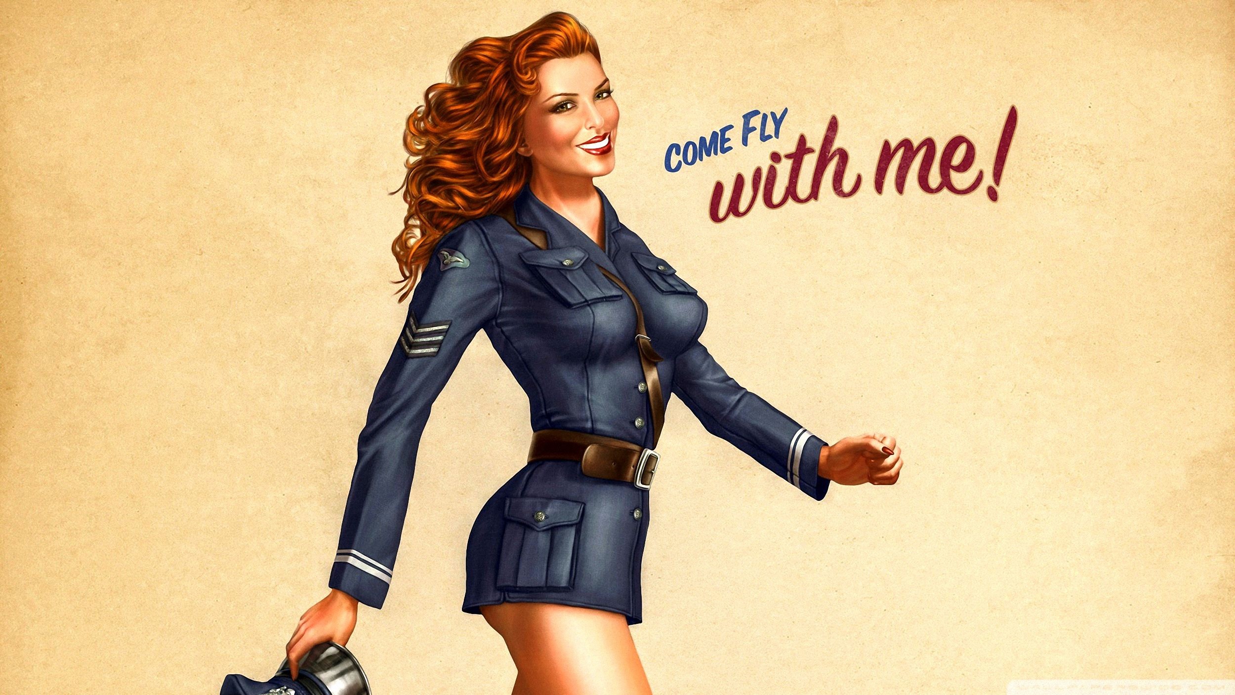 Pin-up, Come Fly With Me, Aviatrice, Uniforme, Stile anni '40, Full HD, sfondo desktop