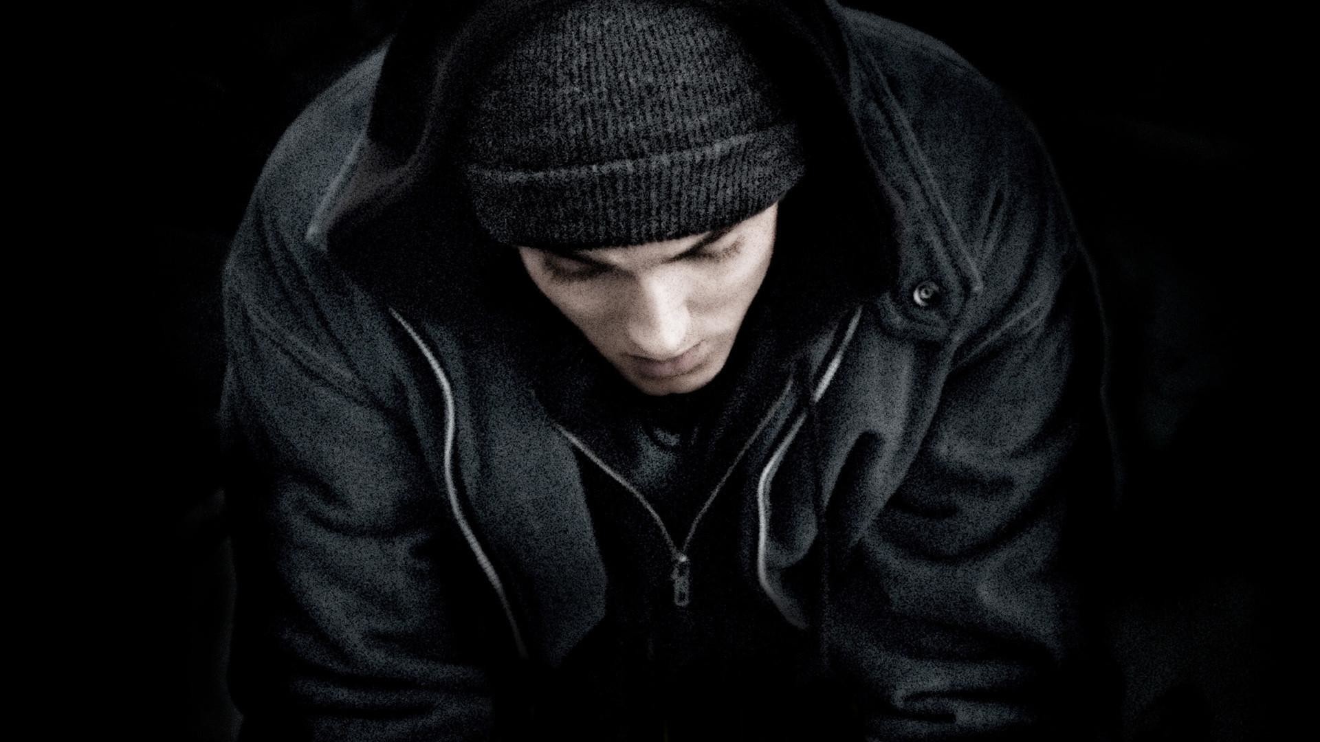 Eminem, Berretto, Cappuccio, Sfondo nero, Full HD, wallpaper per computer