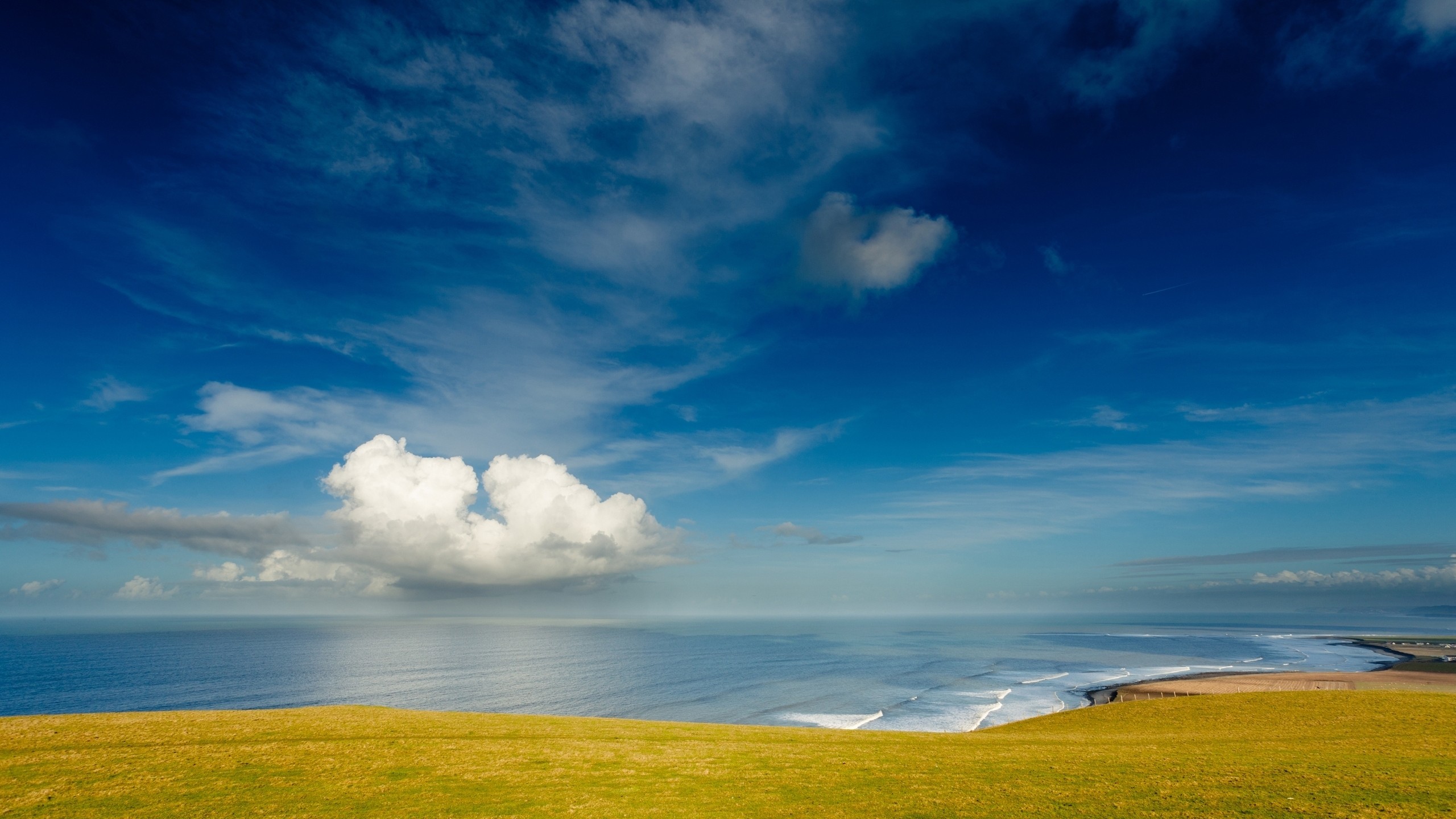 Mare, Nuvole, Cielo blu, Prato, sfondo per Mac