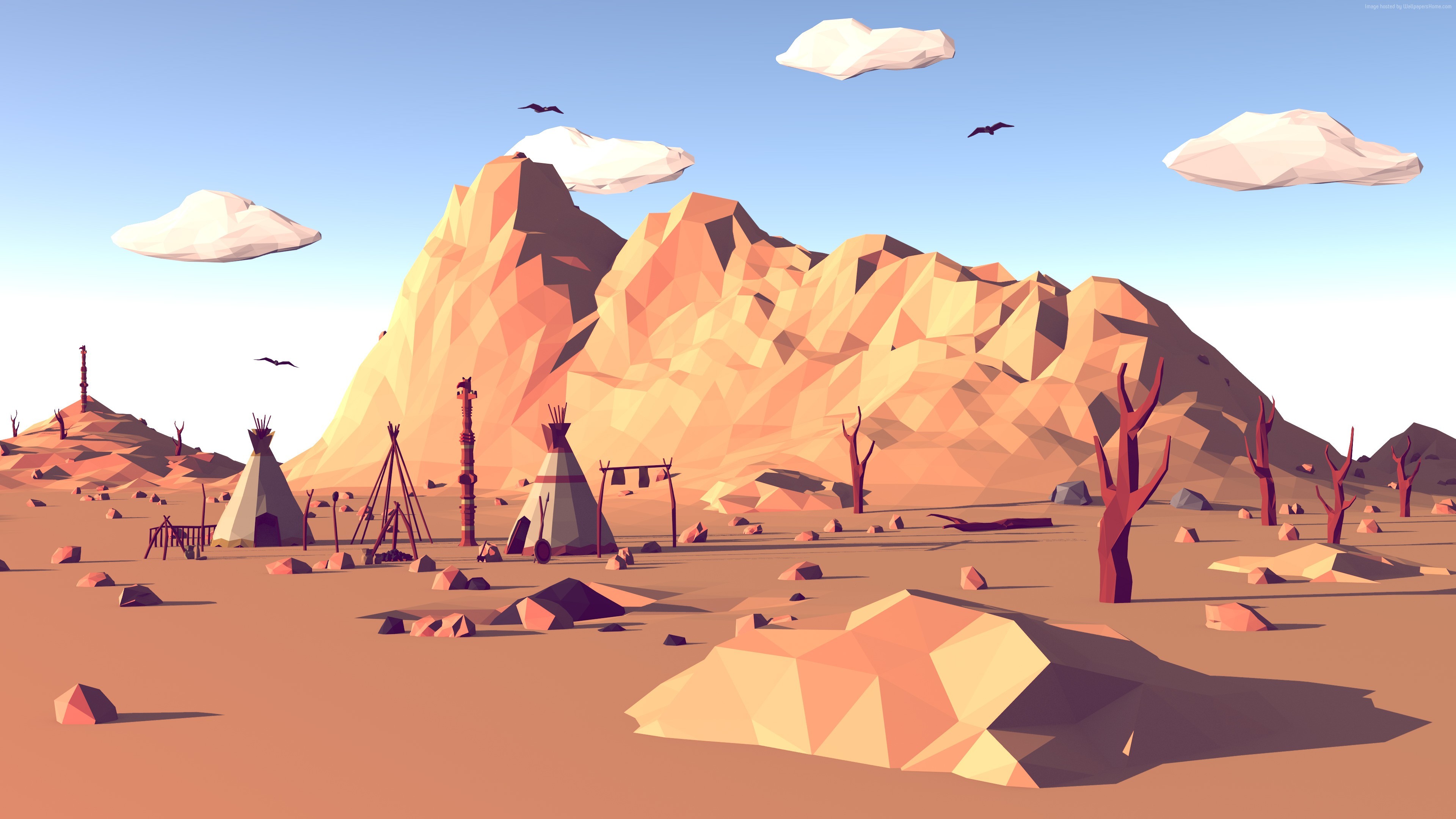 Low poly, Deserto, Tende indiane, Montagne, 4K 2160p, sfondo desktop