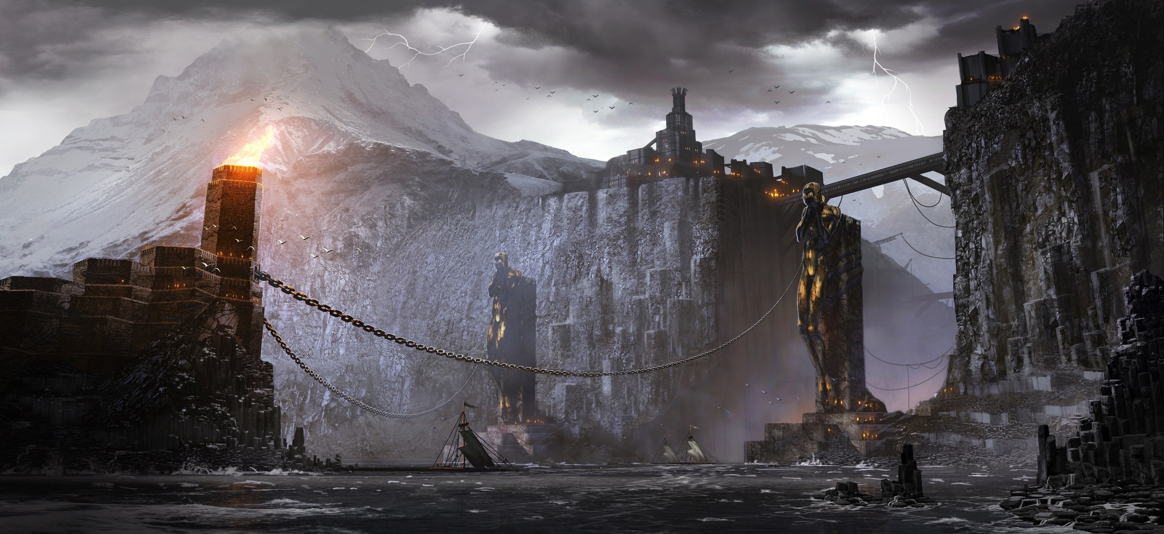 Dragon Age: Inquisition, Fortezza, Montagne, Tempesta, Fantasy oscuro, wallpaper desktop 4K