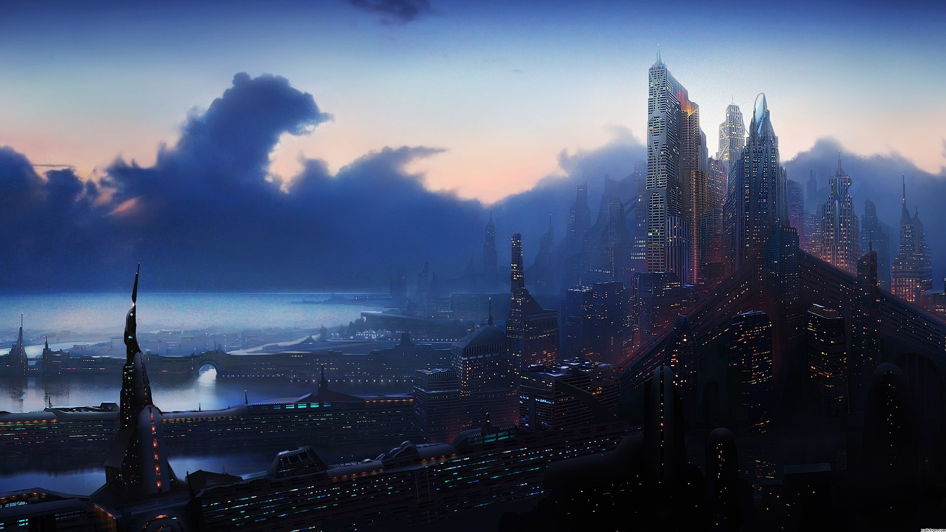 Città futuristica, Skyline, Crepuscolo, Nuvole, Fantascienza, 1920x1080, wallpaper desktop