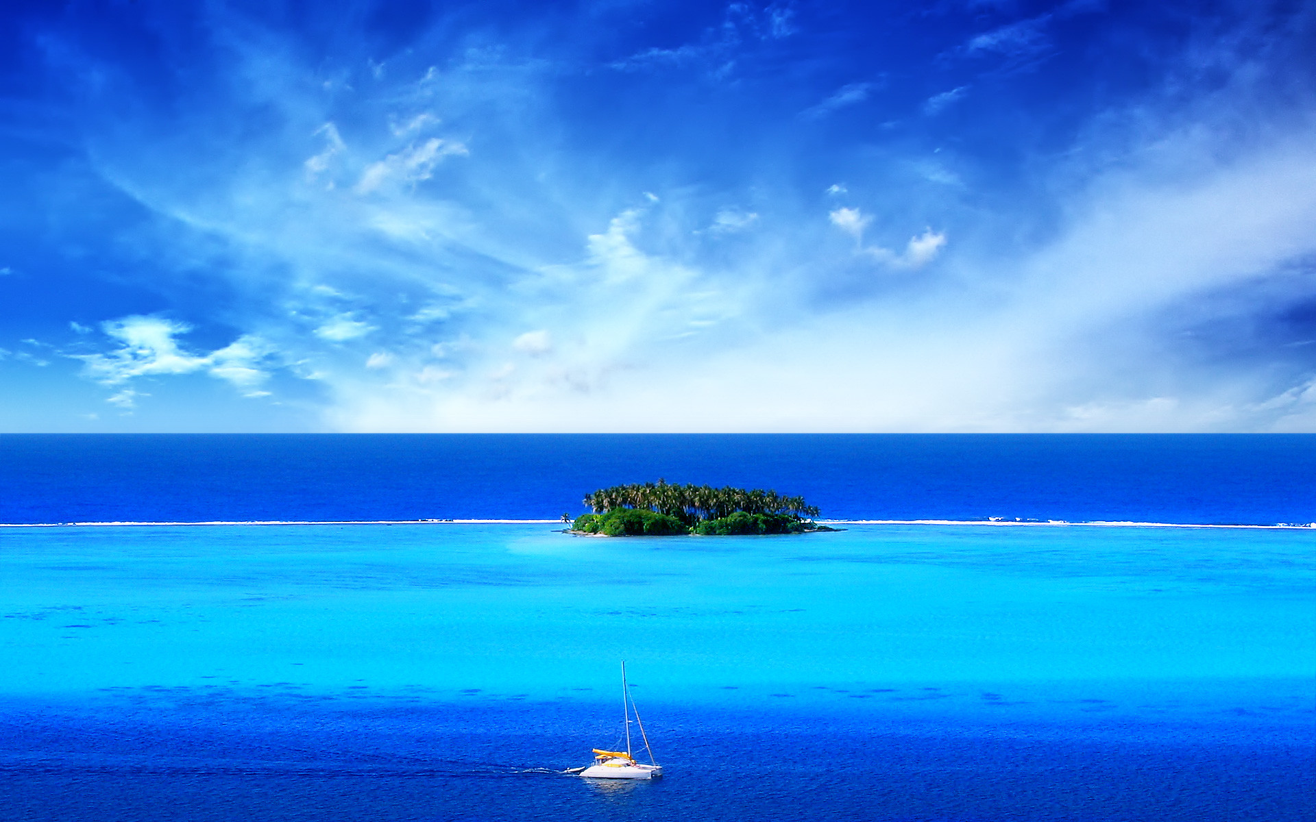 Isolotto, Oceano, Mare turchese, Barca a vela, 1920x1200, wallpaper desktop