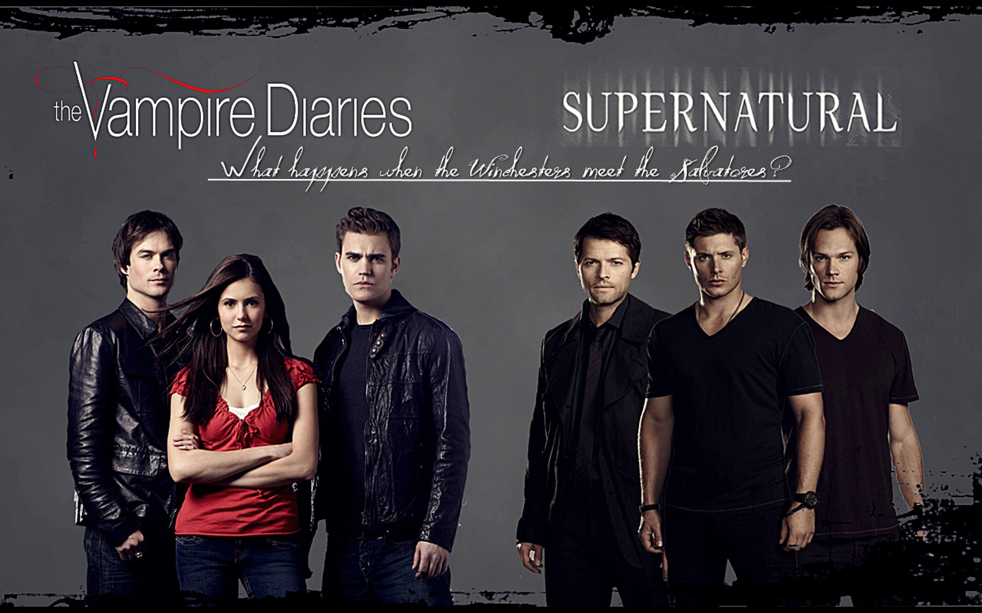 The Vampire Diaries, Supernatural, Crossover, Damon Salvatore, Elena Gilbert, Dean Winchester, sfondo desktop