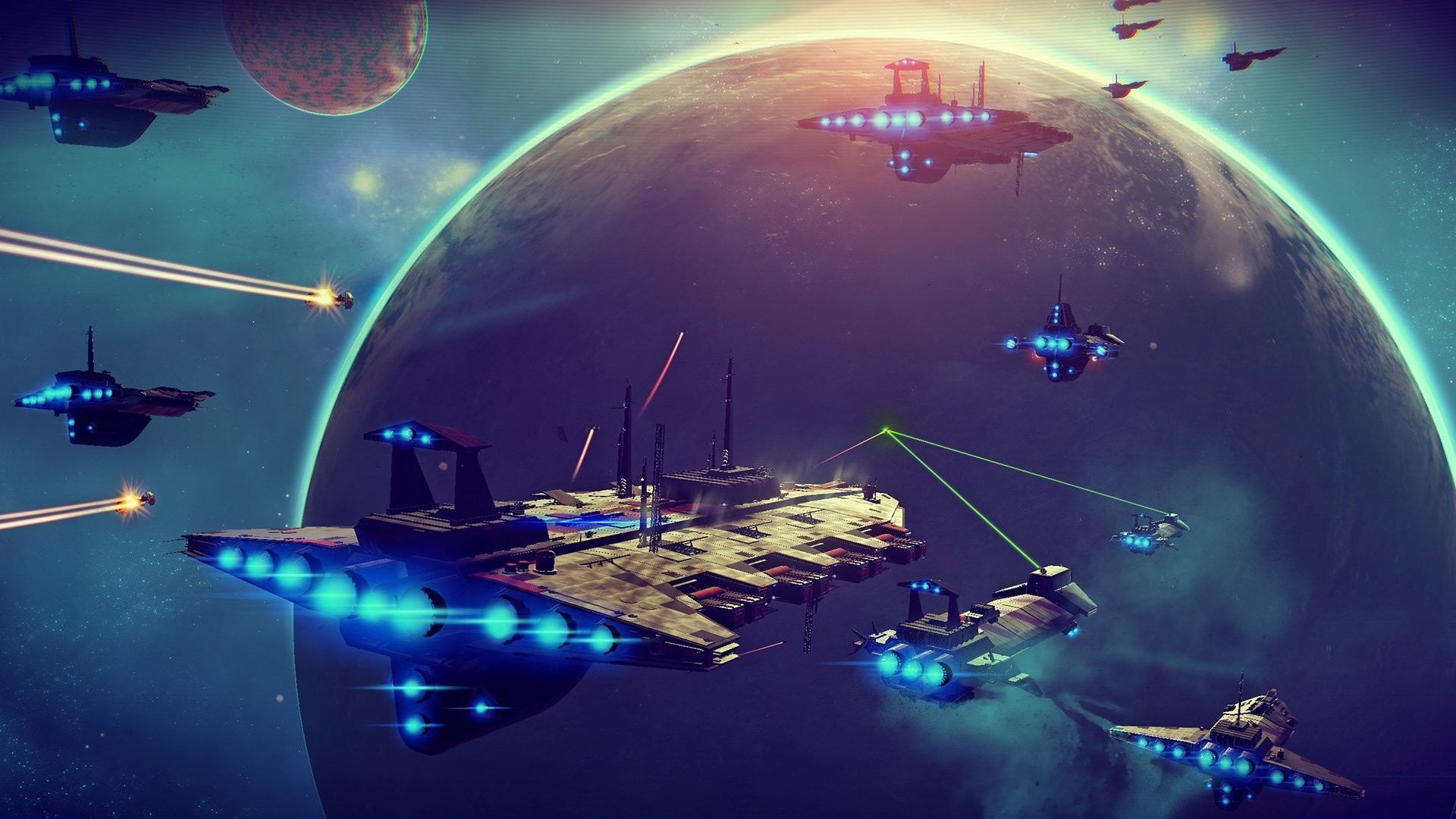 No Man's Sky, Battaglia spaziale, Astronave da carico, Pianeta, Full HD 1080p, sfondo desktop