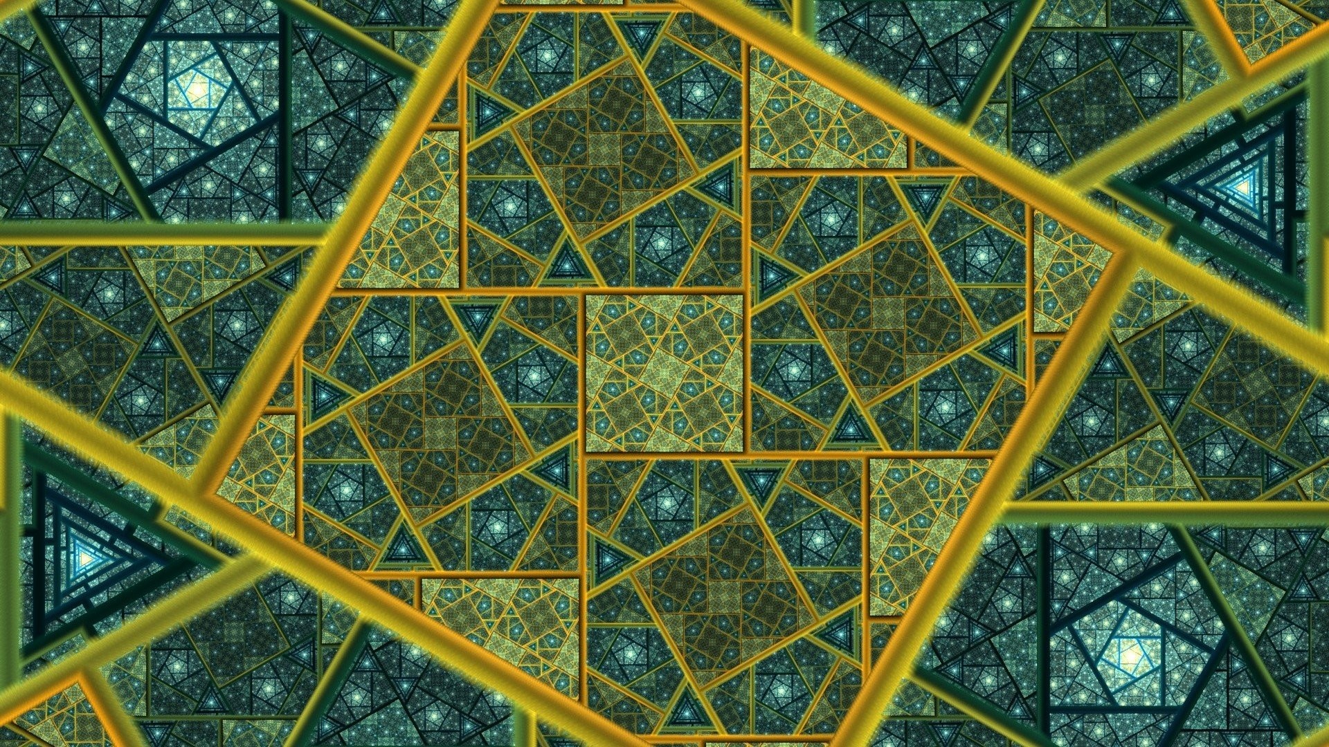 Arte frattale, Quadrati, Triangoli, Verde, Oro, 1920x1080, immagine di sfondo