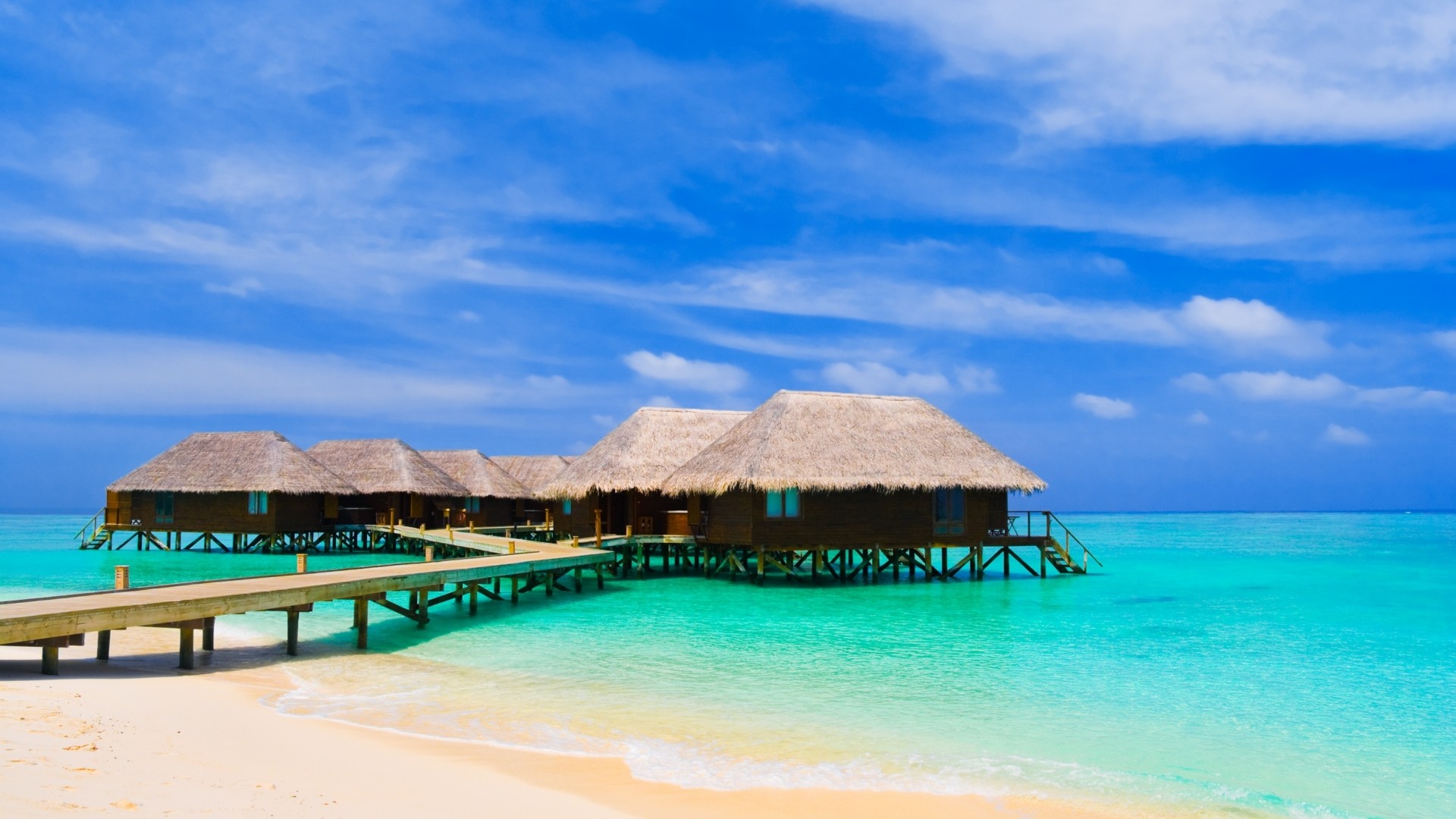 Maldive, Bungalow sull'acqua, Spiaggia, Laguna, 16:9 Full HD, wallpaper widescreen