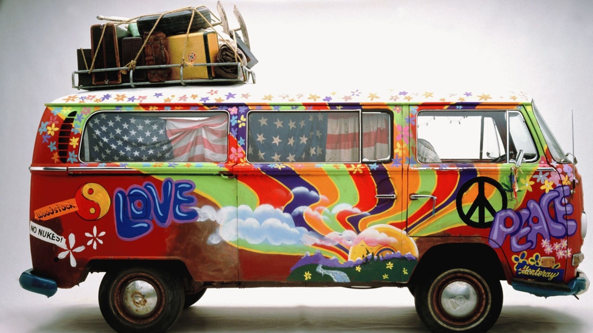 Volkswagen Type 2, Love, Peace, Simbolo della pace, Bandiera americana, sfondo 16:9 Full HD