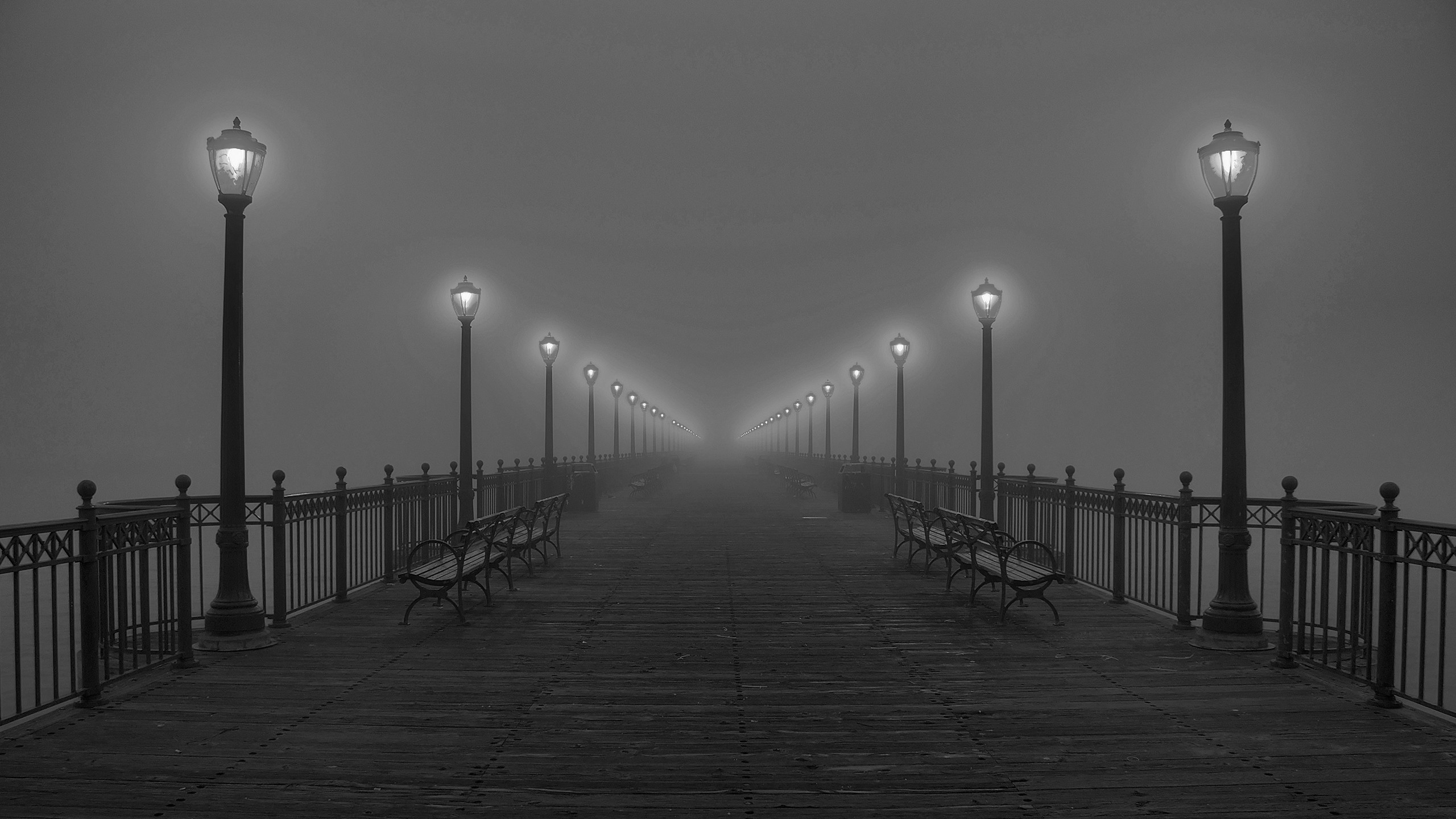 Pier 7, San Francisco, Lampioni, Nebbia, Molo, 2K, sfondo desktop