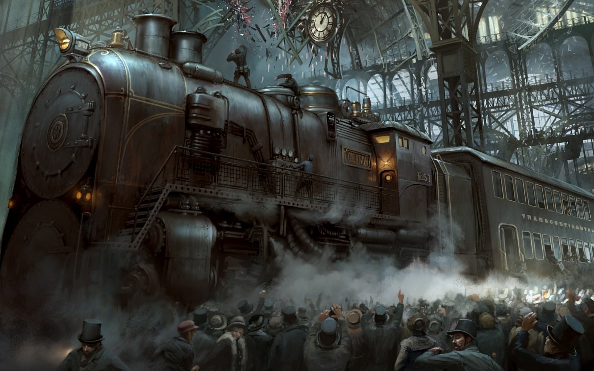 Locomotiva a vapore, Stazione, Folla, Steampunk, 1920x1200, sfondo per PC