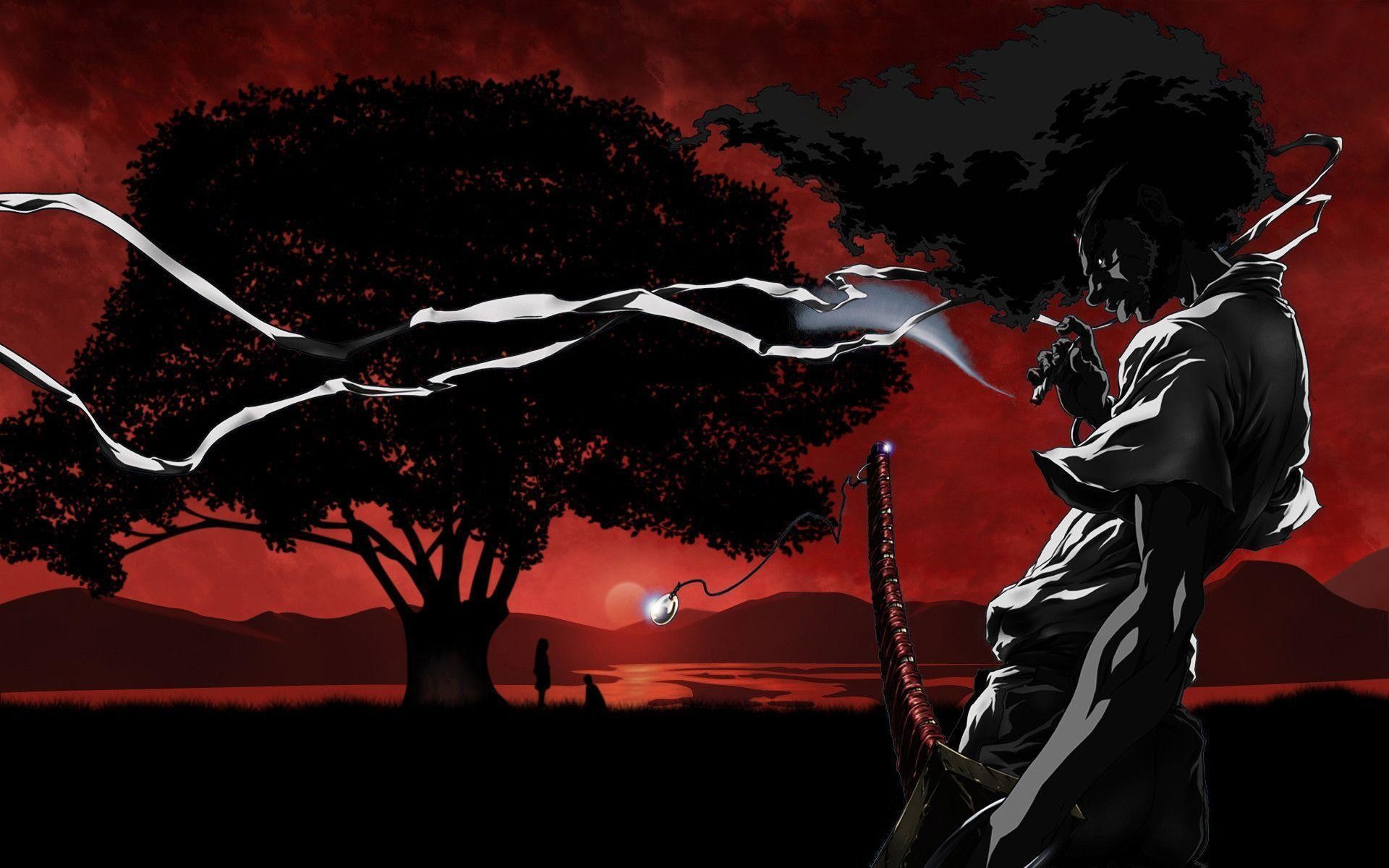 Afro Samurai, Anime, Albero, Tramonto rosso, 1920x1200, wallpaper desktop