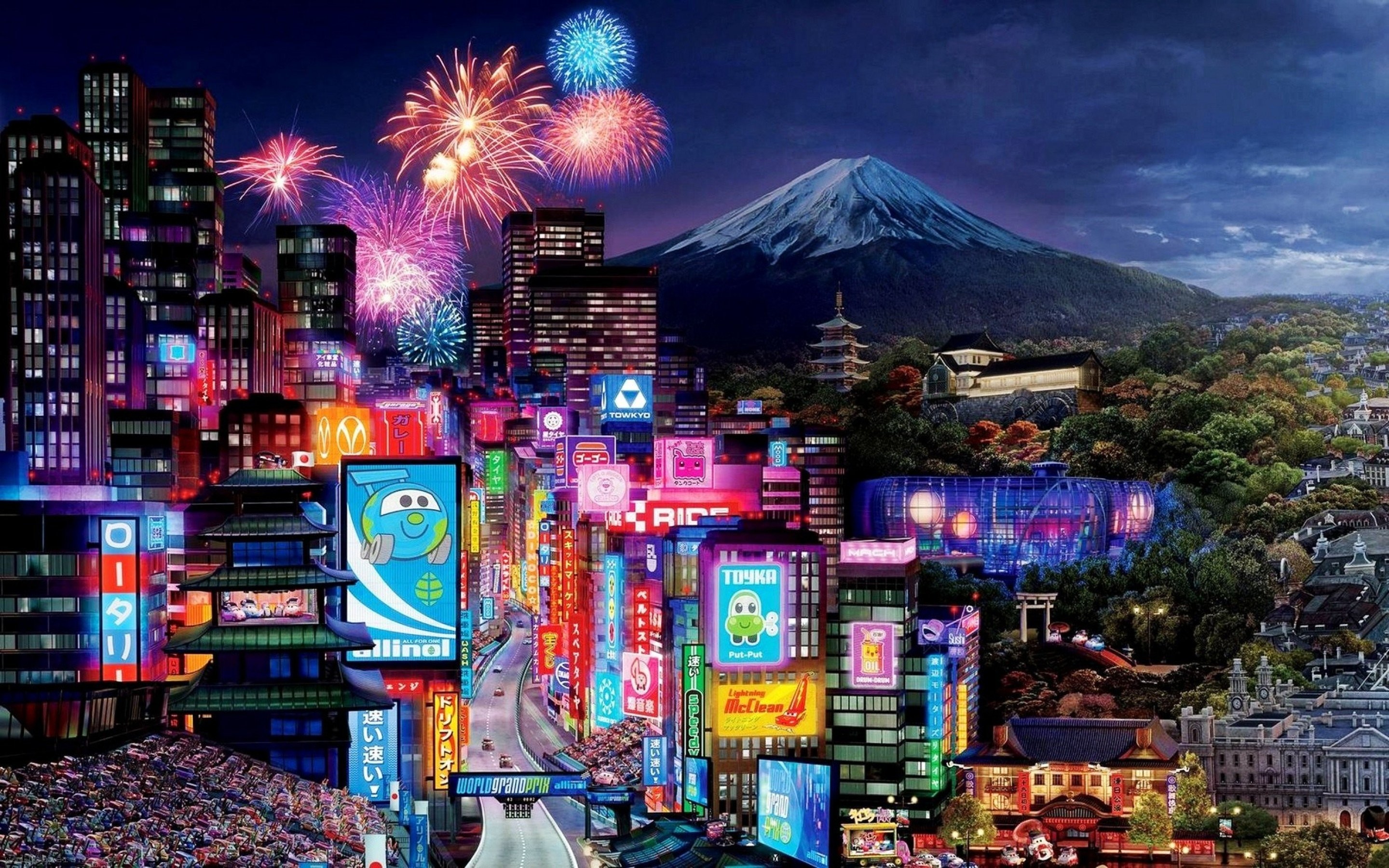 Cars 2, Tokyo, Monte Fuji, Fuochi d'artificio, Pixar, 2K, sfondo per portatile