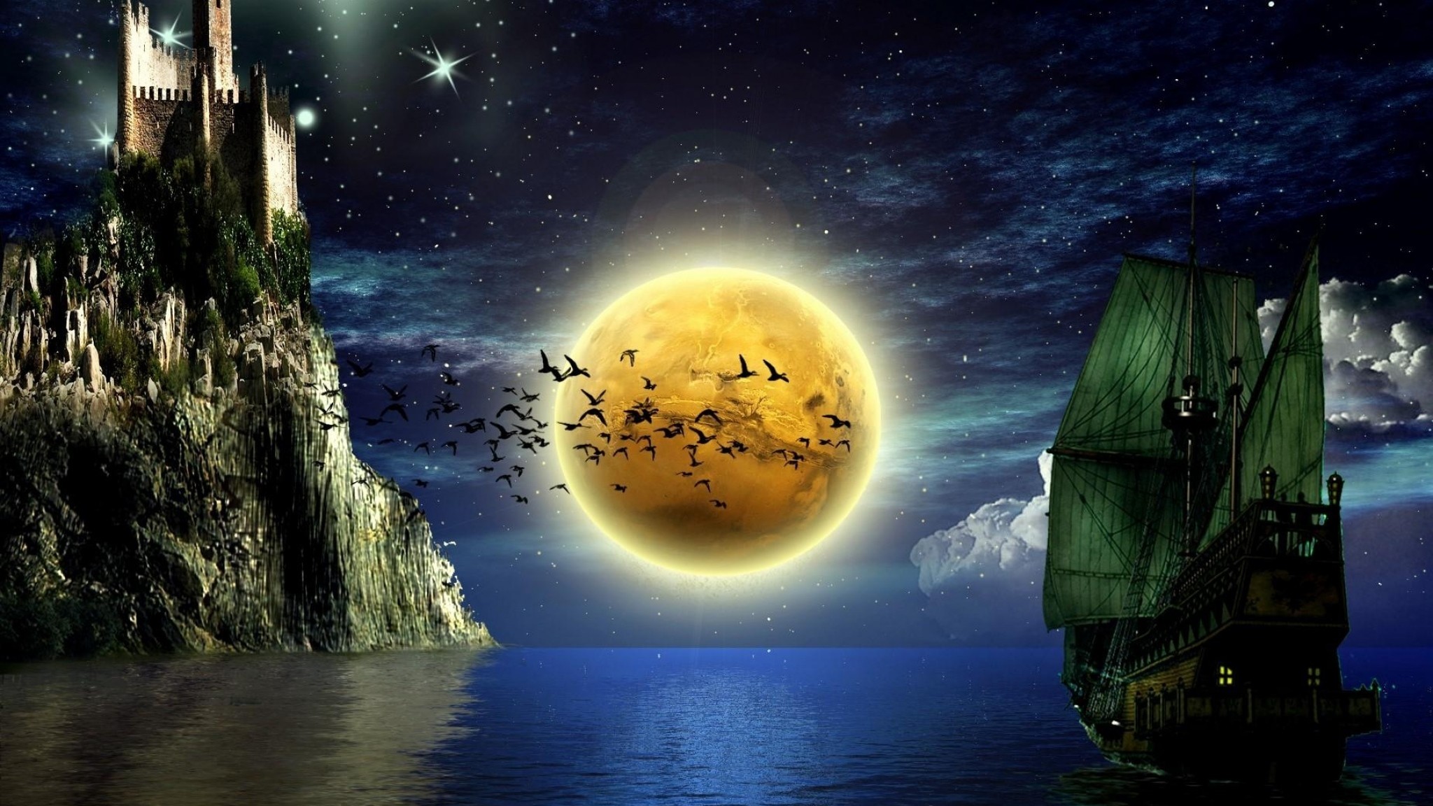 Luna piena, Castello, Veliero, Pipistrelli, Fantasy, Full HD, wallpaper per portatile