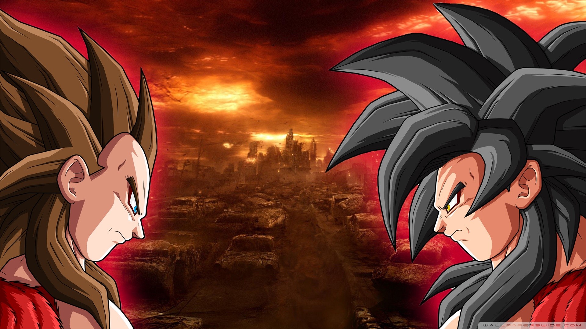 Son Goku, Vegeta, Super Saiyan 4, Dragon Ball GT, Città in fiamme, sfondo desktop Full HD