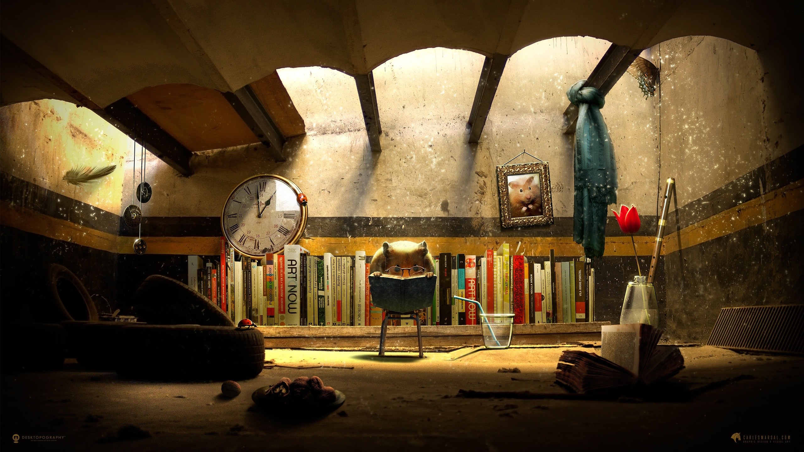 Biblioteca, Soffitta, Orologio, Arte digitale, 16:9 2K, wallpaper widescreen