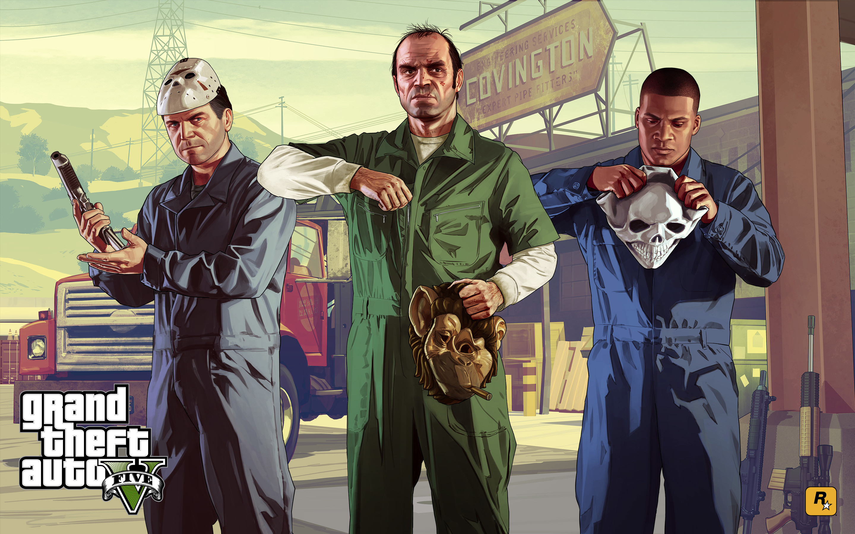 Trevor Philips, Michael De Santa, Franklin Clinton, Grand Theft Auto V, Rapina, Maschere, sfondo desktop