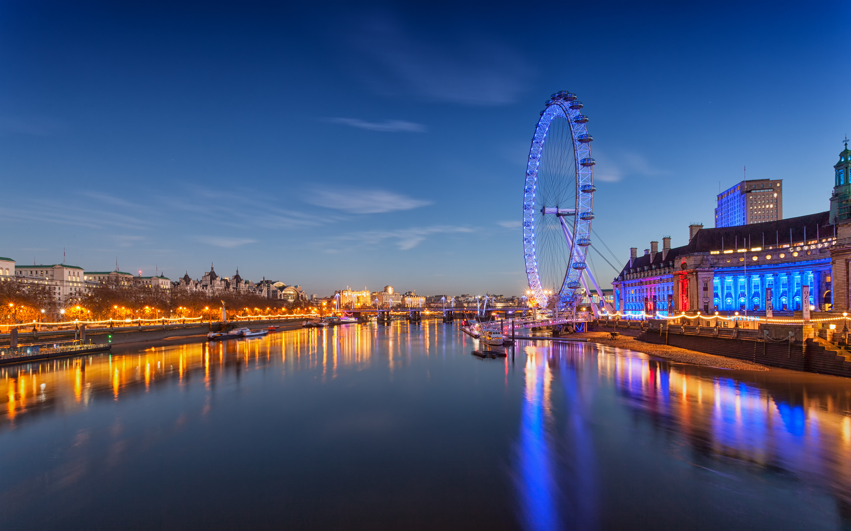 London Eye, Tamigi, Londra, Regno Unito, Notte, Riflessi, 2880x1800, sfondo MacBook Pro