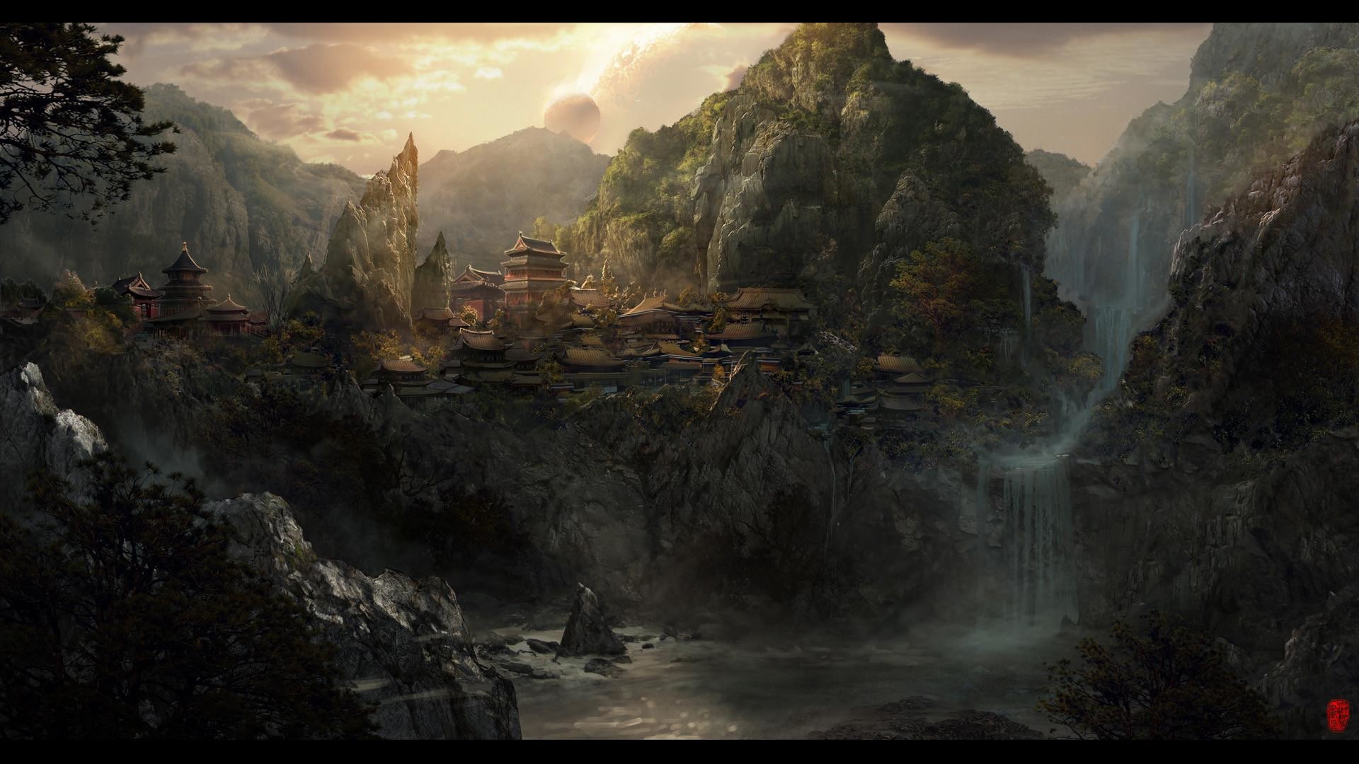 Città nella montagna, Cascata, Valle, Arte fantasy, Full HD, sfondo desktop