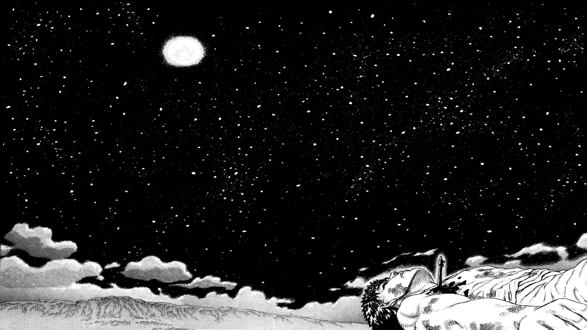 Berserk, Manga, Cielo stellato, Luna, Bianco e nero, Full HD, wallpaper per portatile