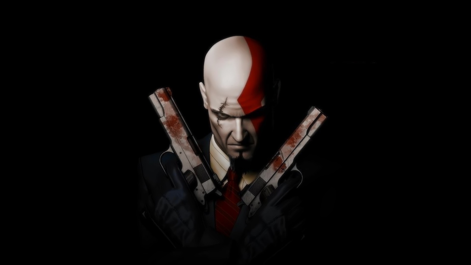 Kratos, Agente 47, Hitman, Crossover, Pistole, Sfondo nero, Full HD, wallpaper per PC