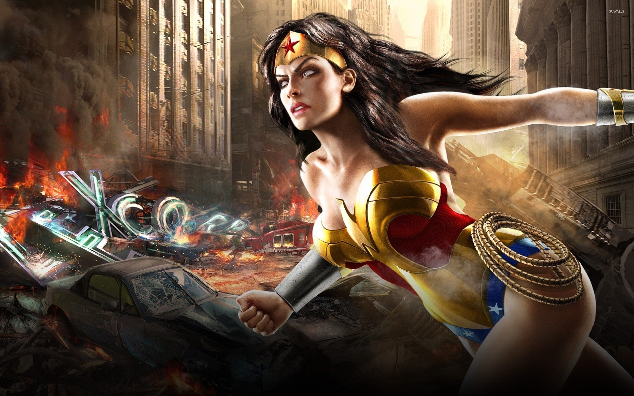 Wonder Woman, Arte digitale, Città in fiamme, Lazo della verità, sfondo 16:10 2K