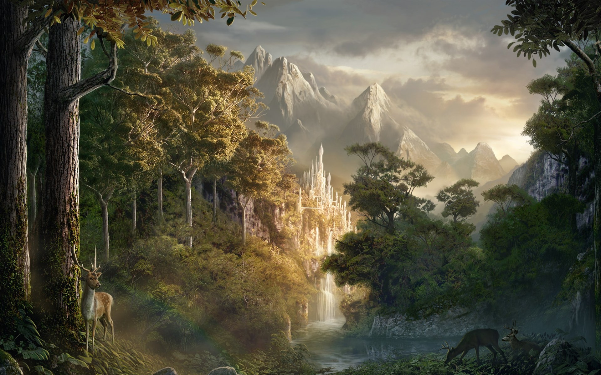 Fantasy, Foresta, Castello, Montagne, Full HD, sfondo per portatile