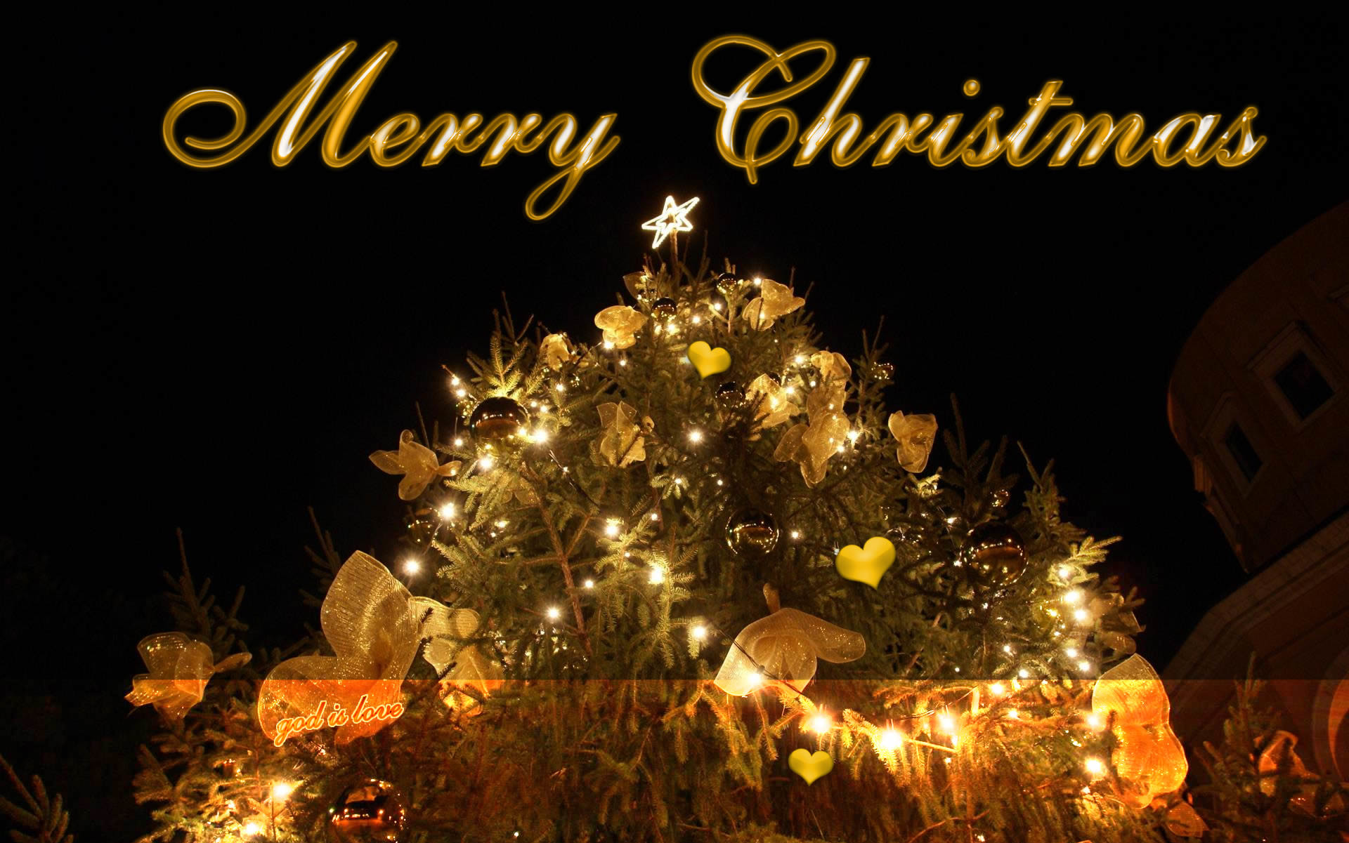 Merry Christmas, Albero illuminato, Luci dorate, Notte, Scritta dorata, sfondo Full HD per portatile
