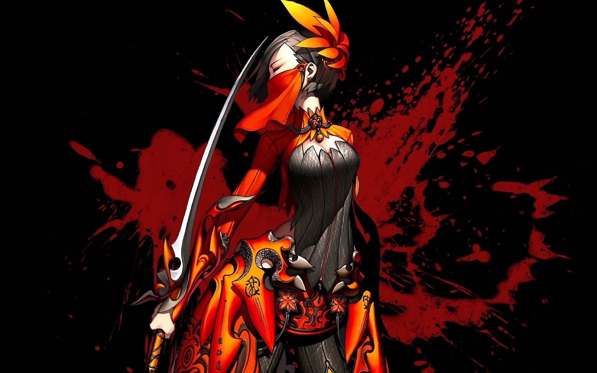 Katana, Ragazza anime, Schizzi rossi, Sfondo nero, 16:10 Full HD, wallpaper widescreen