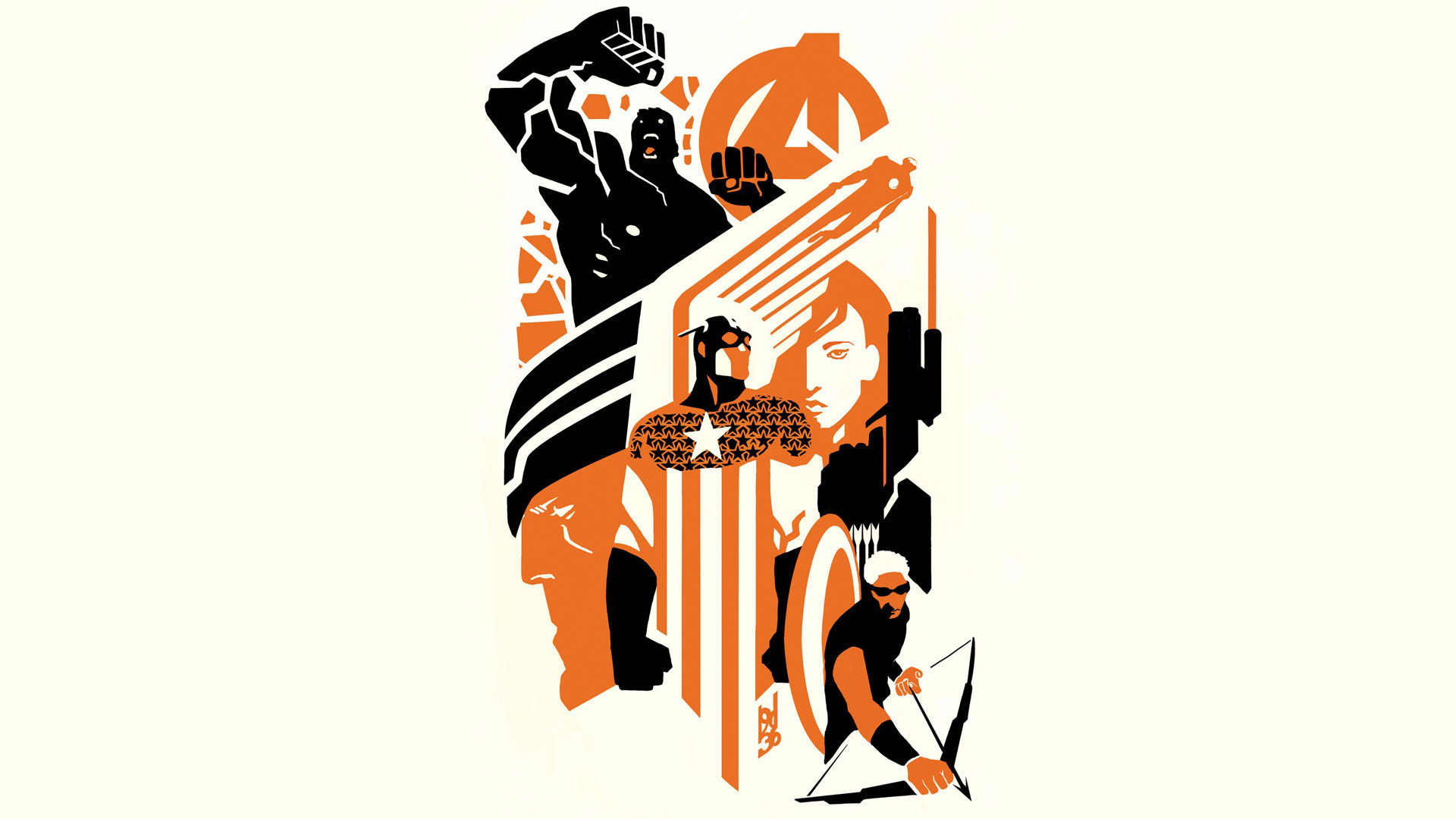 Avengers, Vedova Nera, Occhio di Falco, Thor, Arte minimalista, Arancione, sfondo desktop 1080p