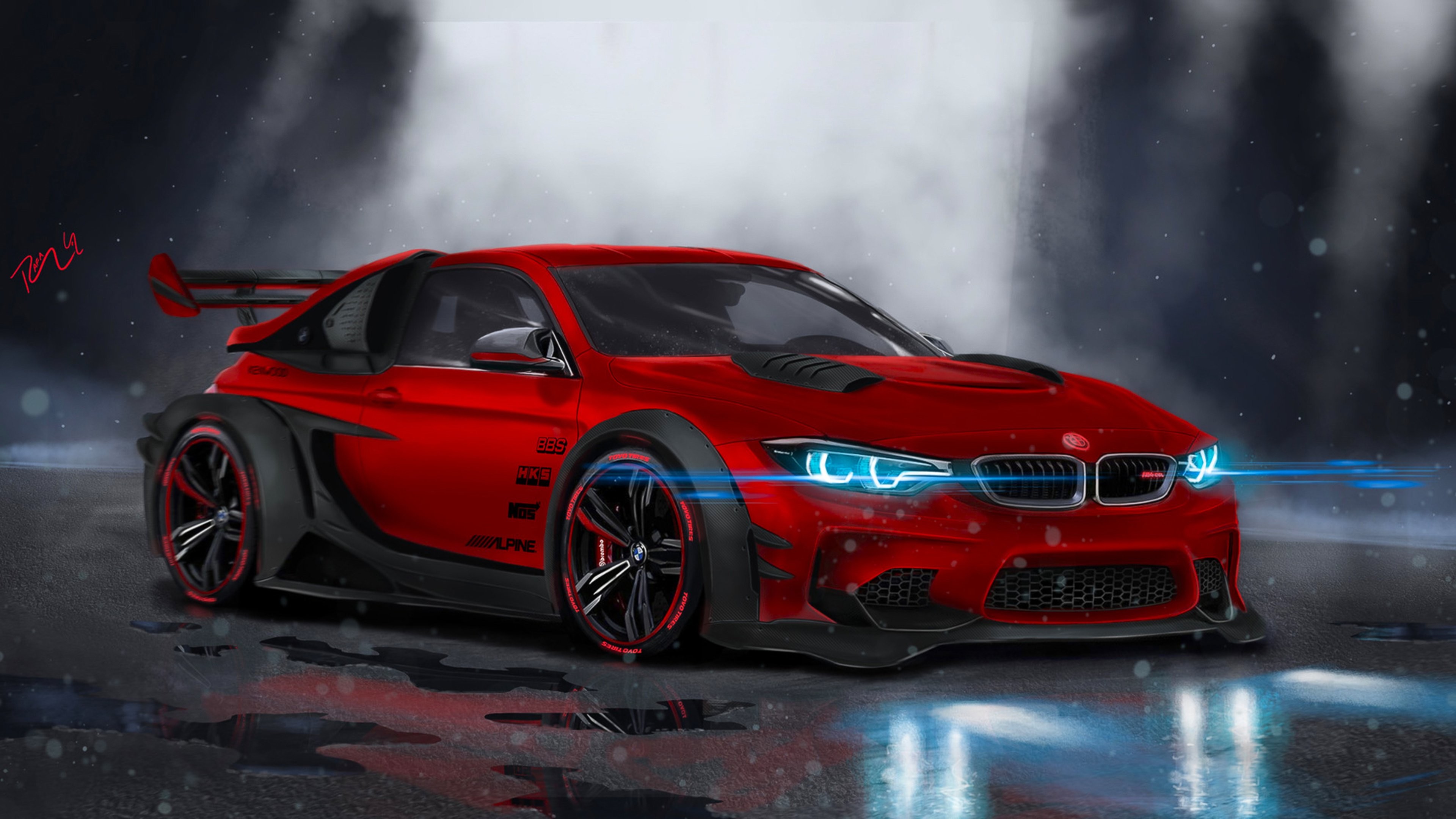 BMW M4, BMW, Arte digitale, Rosso, Widebody, 16:9 4K, sfondo widescreen