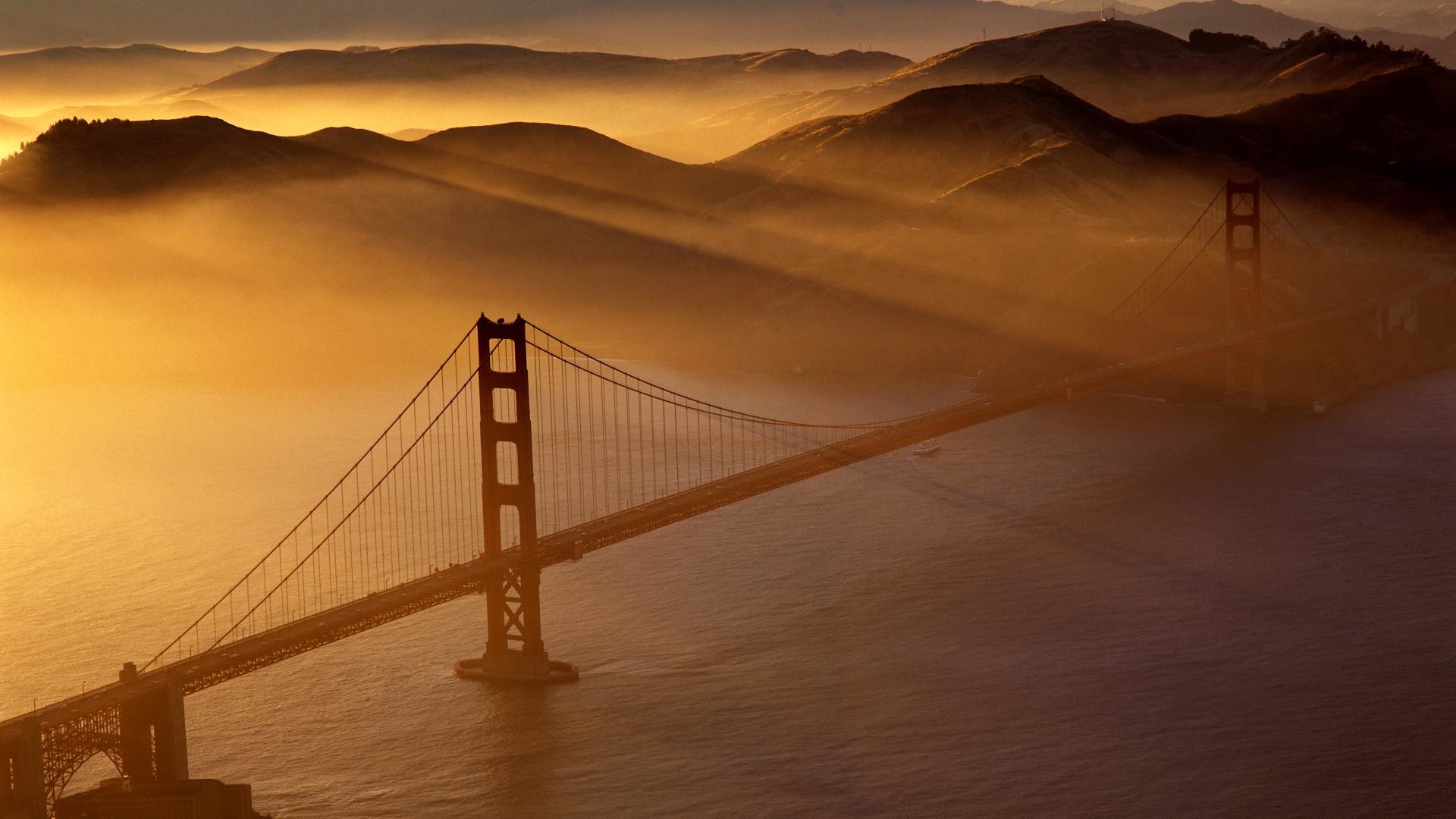 Golden Gate Bridge, San Francisco, Nebbia, Luce dorata, Full HD, wallpaper desktop
