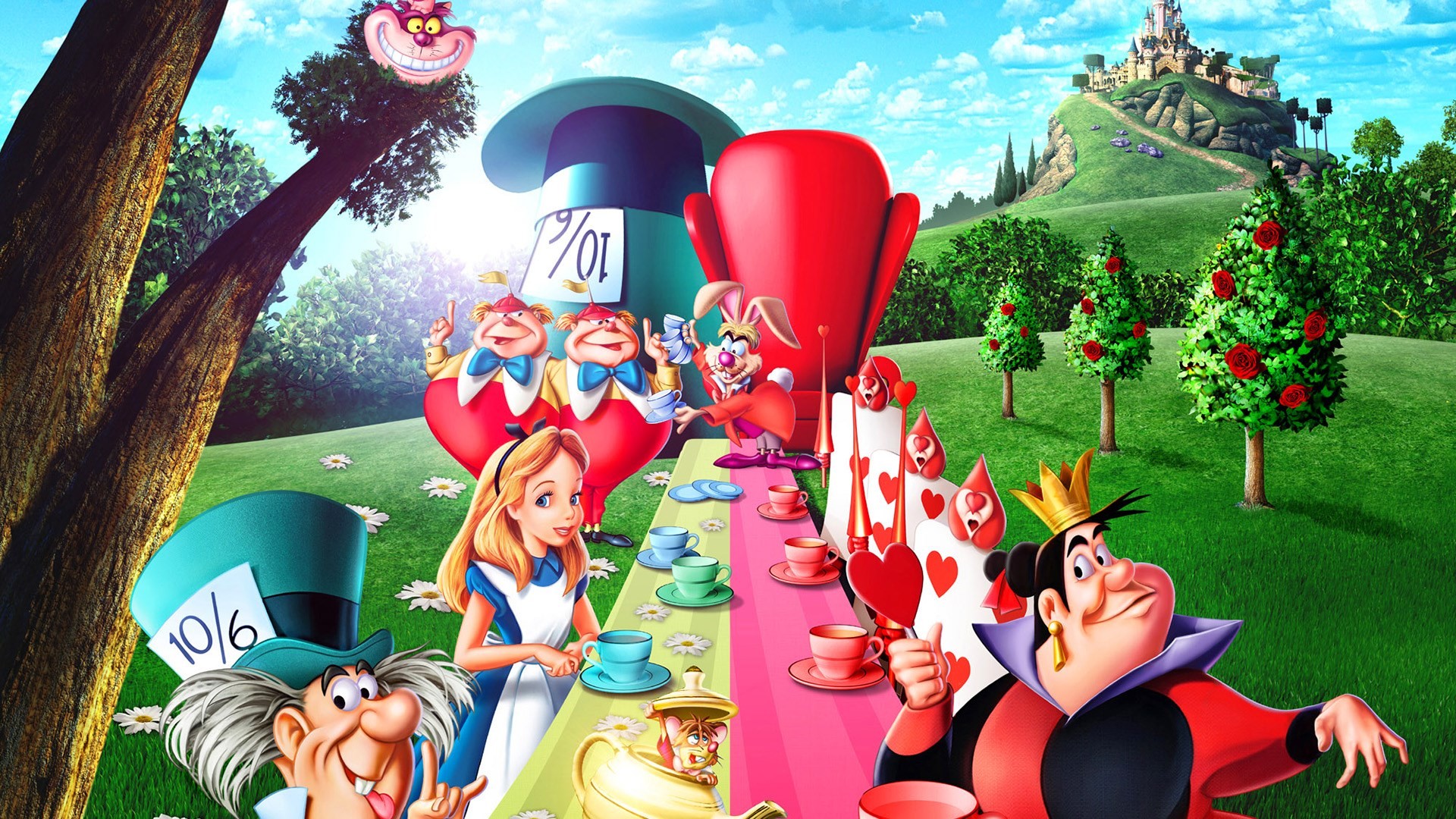 Alice nel Paese delle Meraviglie (1951), Disney, Cappellaio Matto, Regina di Cuori, Tea party, sfondo desktop
