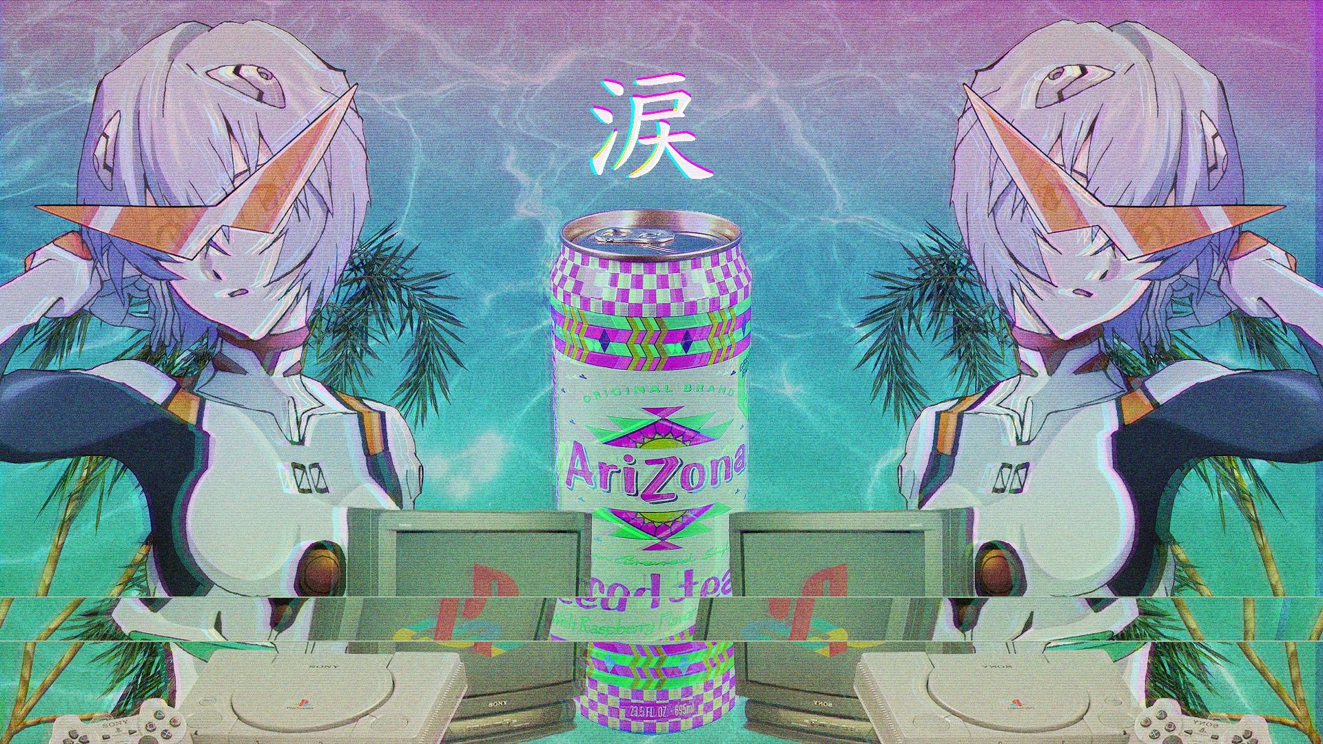 Vaporwave, Rei Ayanami, Neon Genesis Evangelion, AriZona, Kanji, sfondo Full HD per computer