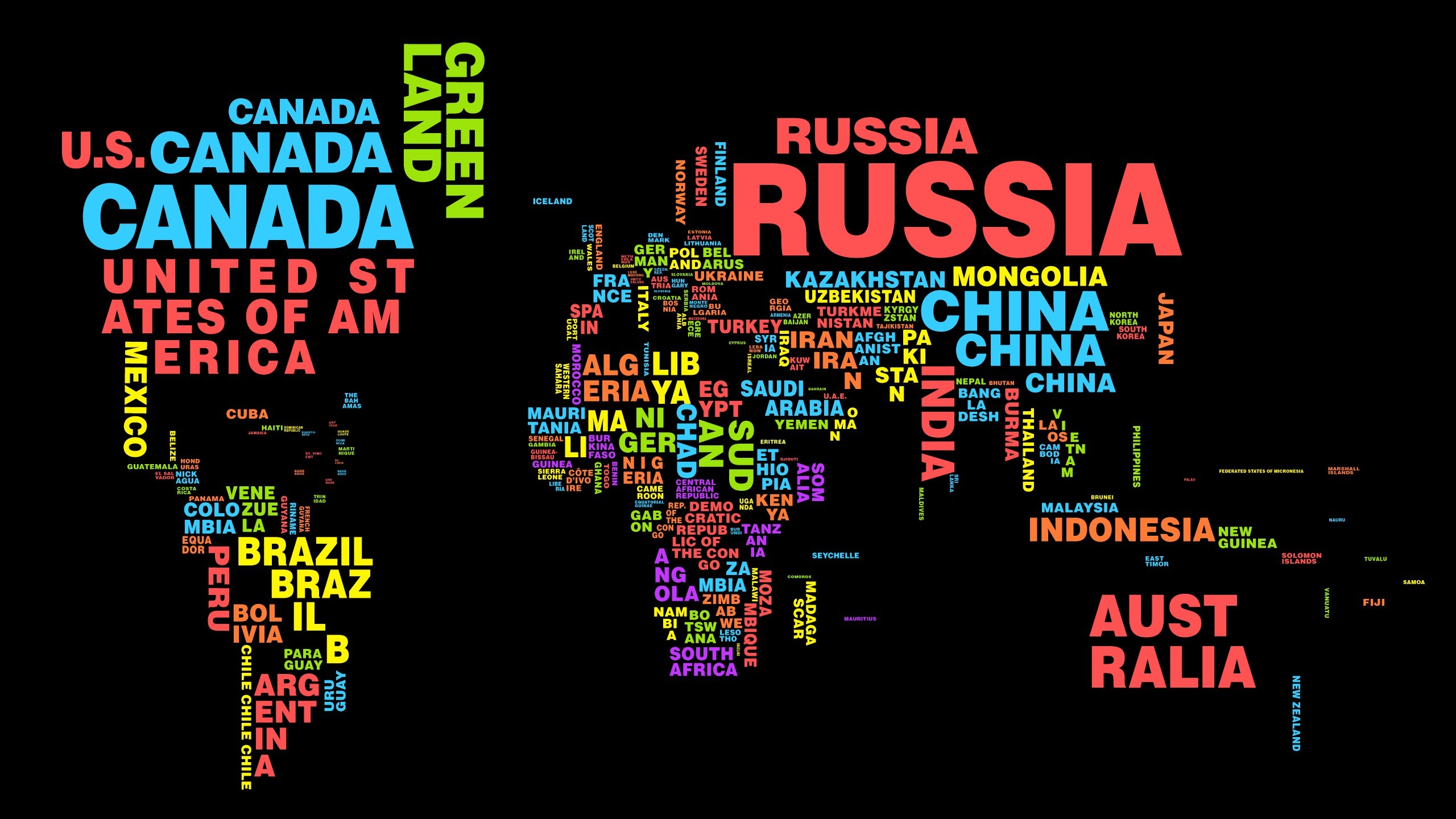 Mappa tipografica, Nomi dei paesi, Colori, Sfondo nero, 2K, wallpaper desktop