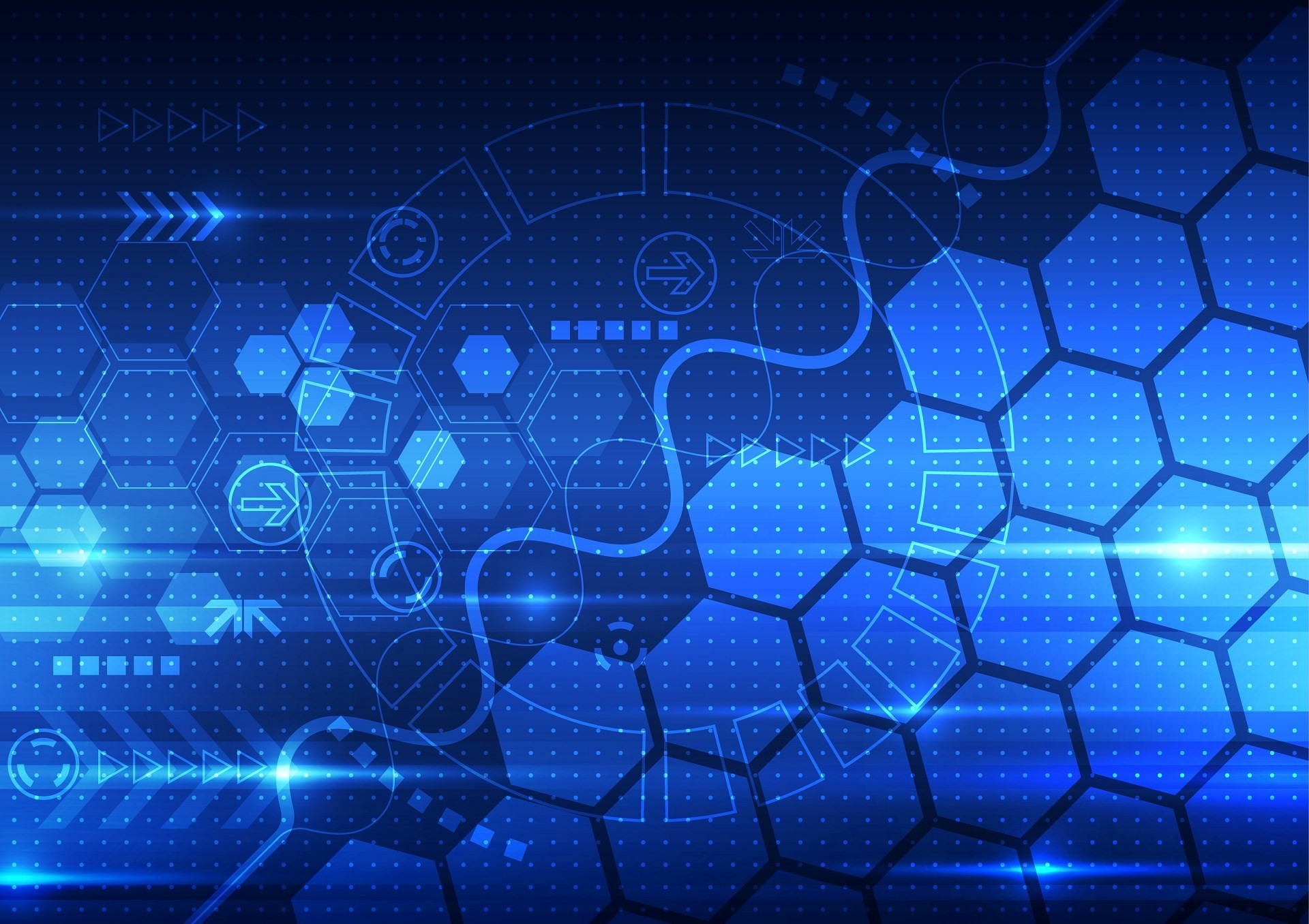 Esagoni, Tecnologia, Circuito, Sfondo blu, Arte digitale, Full HD, wallpaper per computer