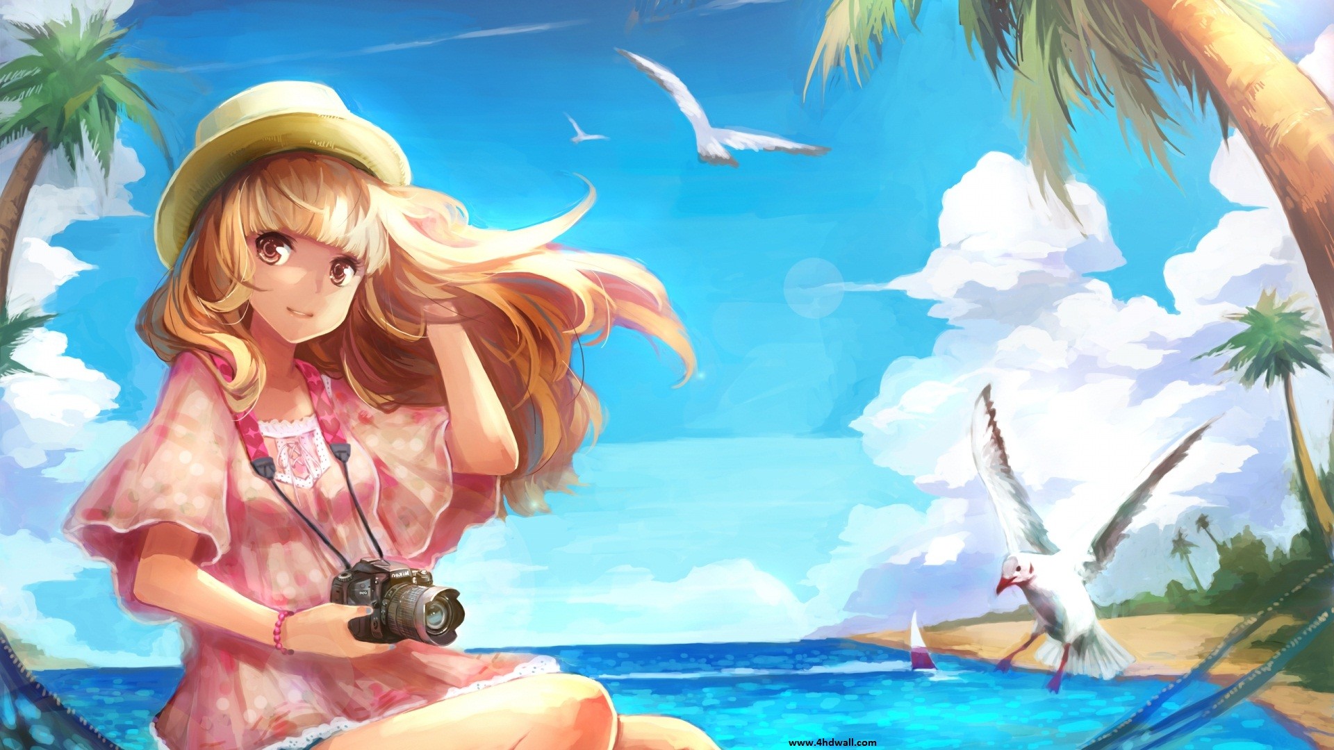 Ragazza anime, Spiaggia, Macchina fotografica, Gabbiani, 1920x1080, immagine di sfondo