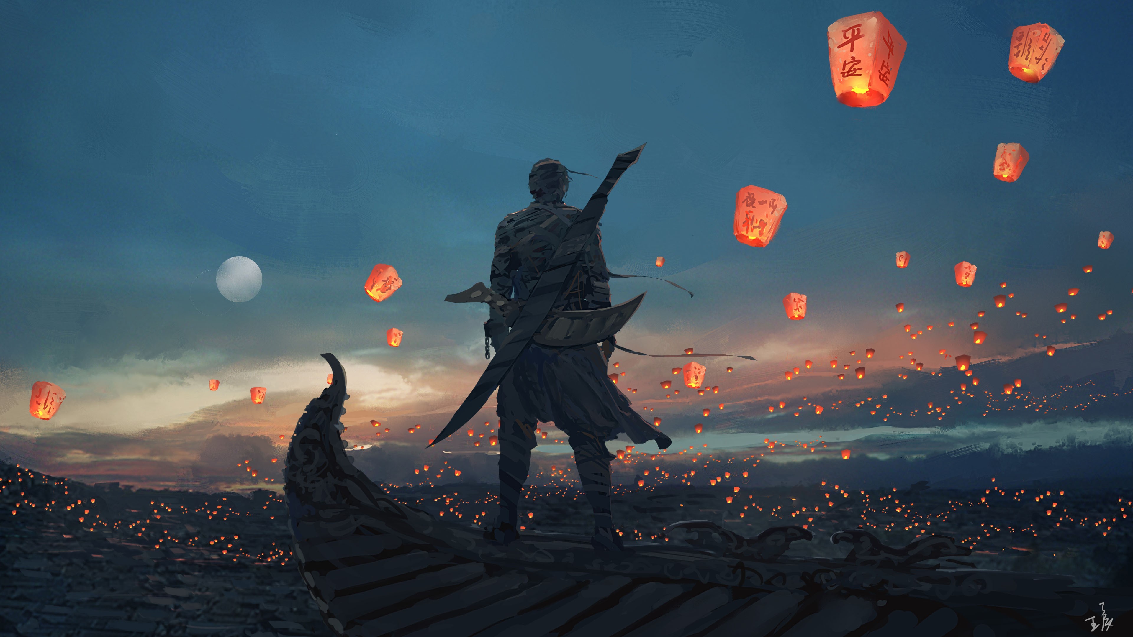 Guerriero, Lanterne volanti, Barca, Arte fantasy, Crepuscolo, 4K, sfondo per portatile