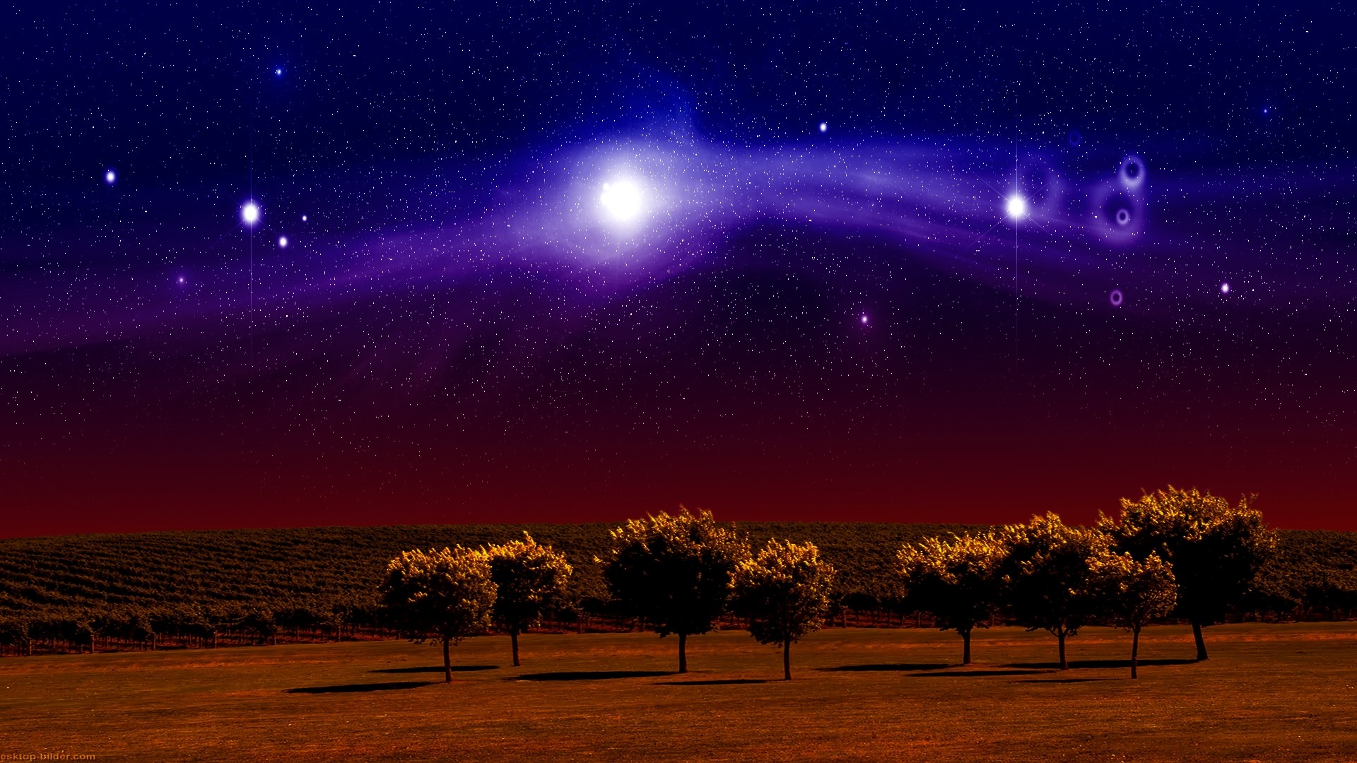 Cielo notturno, Stelle, Alberi, Arte digitale, Full HD, sfondo per PC