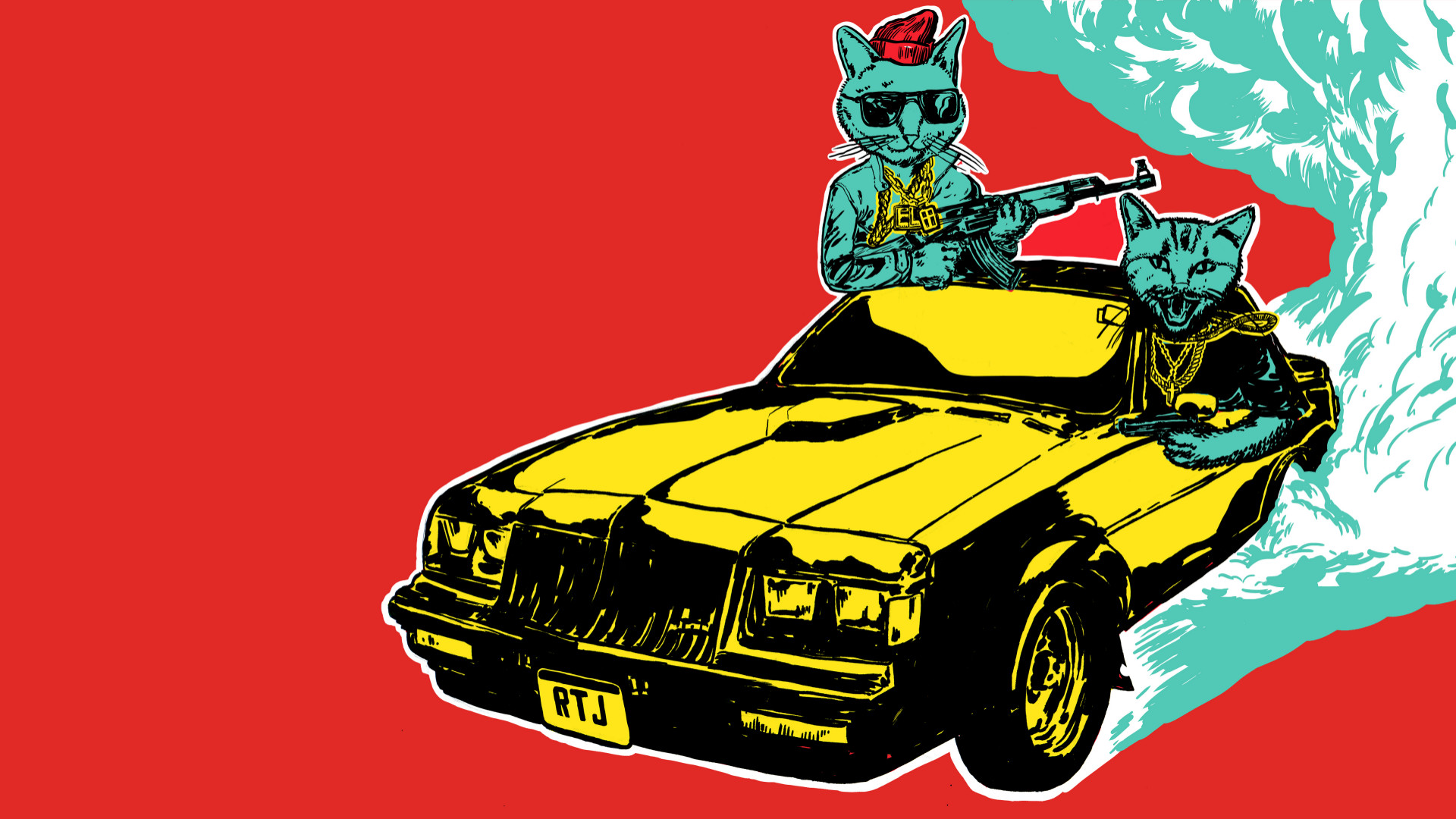 Gatti, Auto, Illustrazione, Sfondo rosso, Full HD, wallpaper per portatile