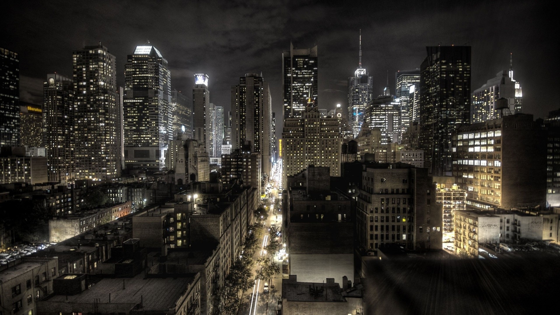 Manhattan, New York, Bianco e nero, Notte, 16:9 Full HD, sfondo widescreen