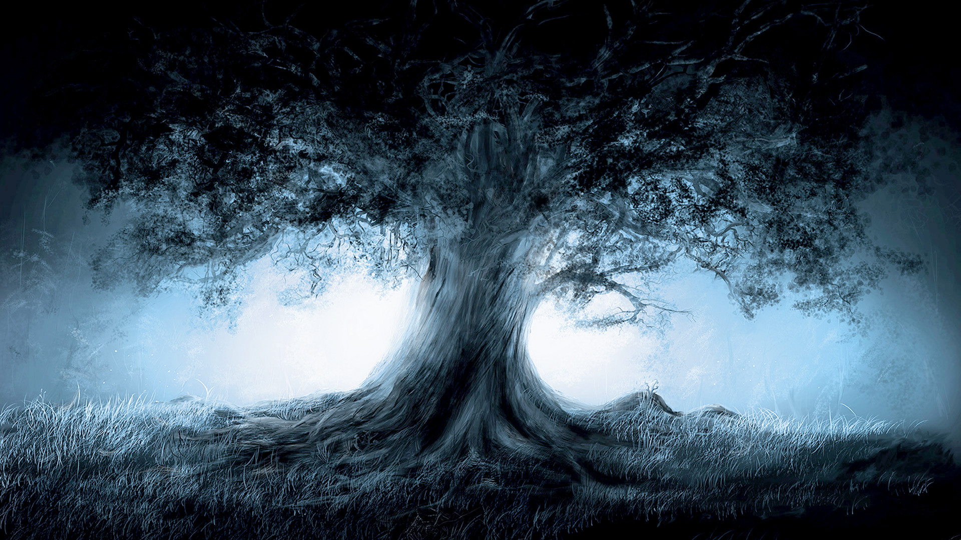 Albero magico, Luce, Notte, Fantasy, Blu, Full HD, sfondo desktop