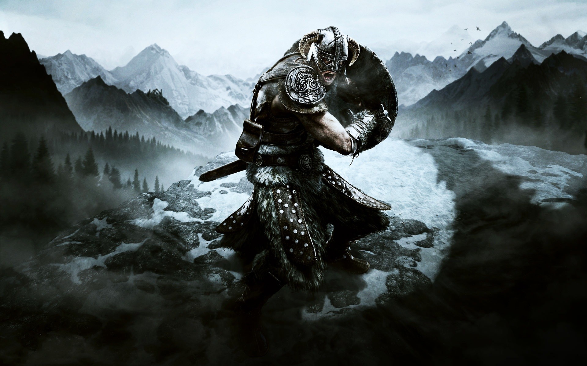 Dovahkiin, The Elder Scrolls V: Skyrim, Montagne, Scudo, 16:10 Full HD, wallpaper widescreen