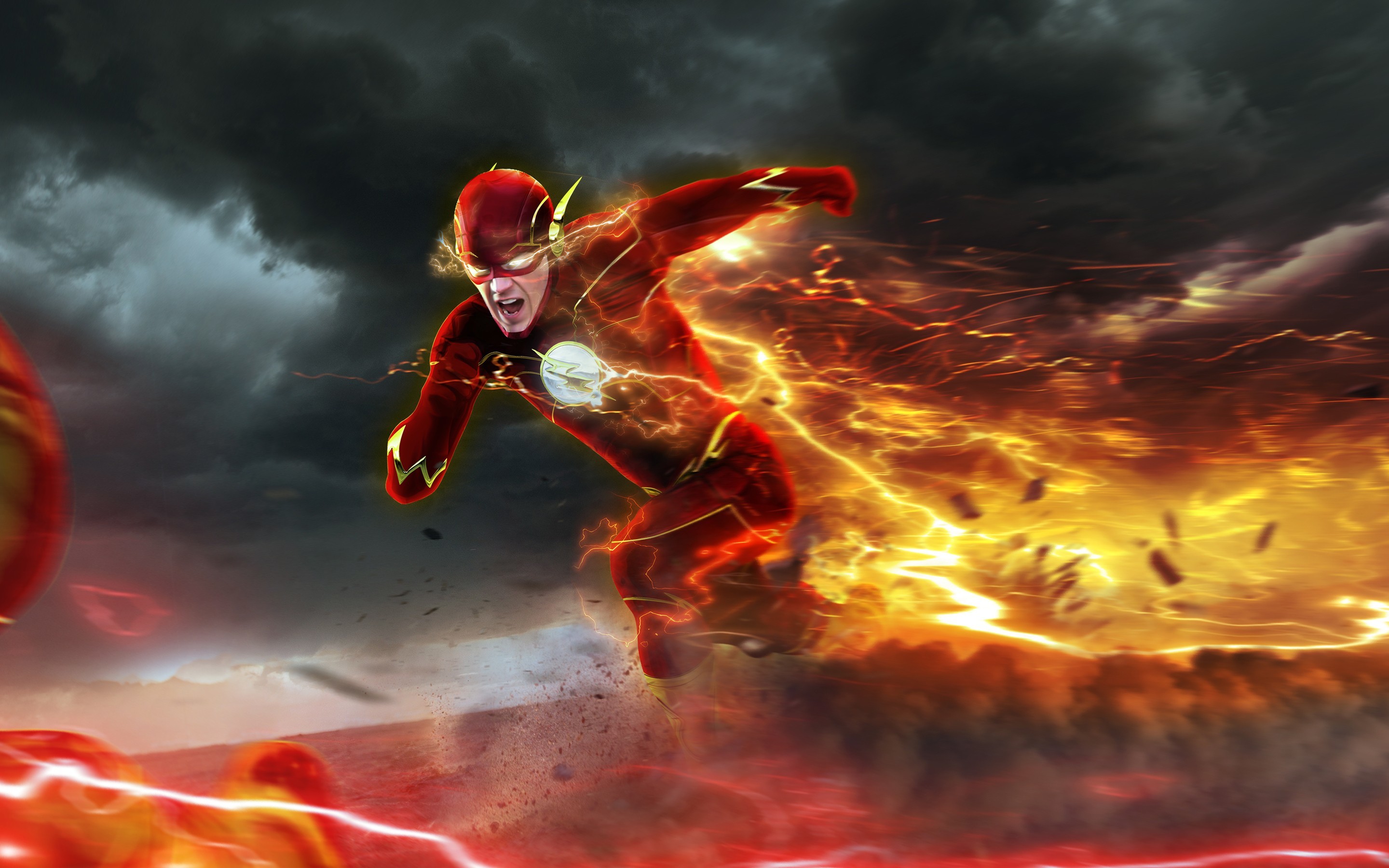 Flash, Grant Gustin, Corsa, Fuoco, 2880x1800, immagine di sfondo