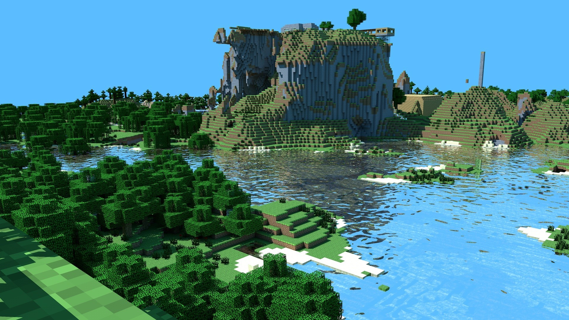 Minecraft, Isola, Lago, Montagna, Cielo azzurro, Full HD, sfondo per PC e portatile