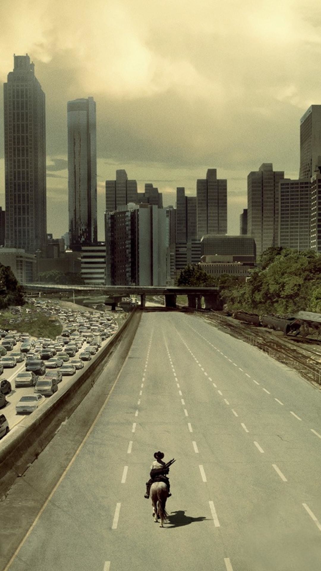 The Walking Dead, Rick Grimes, Atlanta, Autostrada, Cavallo, Full HD, sfondo per iPhone e Android