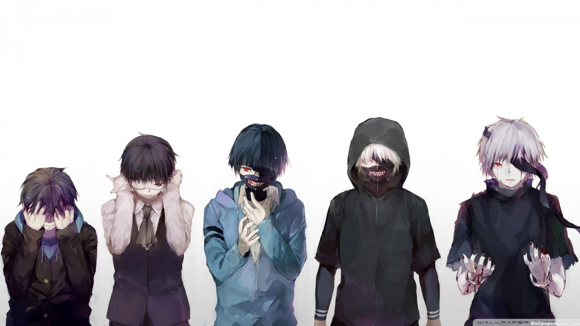Ken Kaneki, Tokyo Ghoul, Evoluzione, Personaggi, Sfondo bianco, Full HD, wallpaper desktop